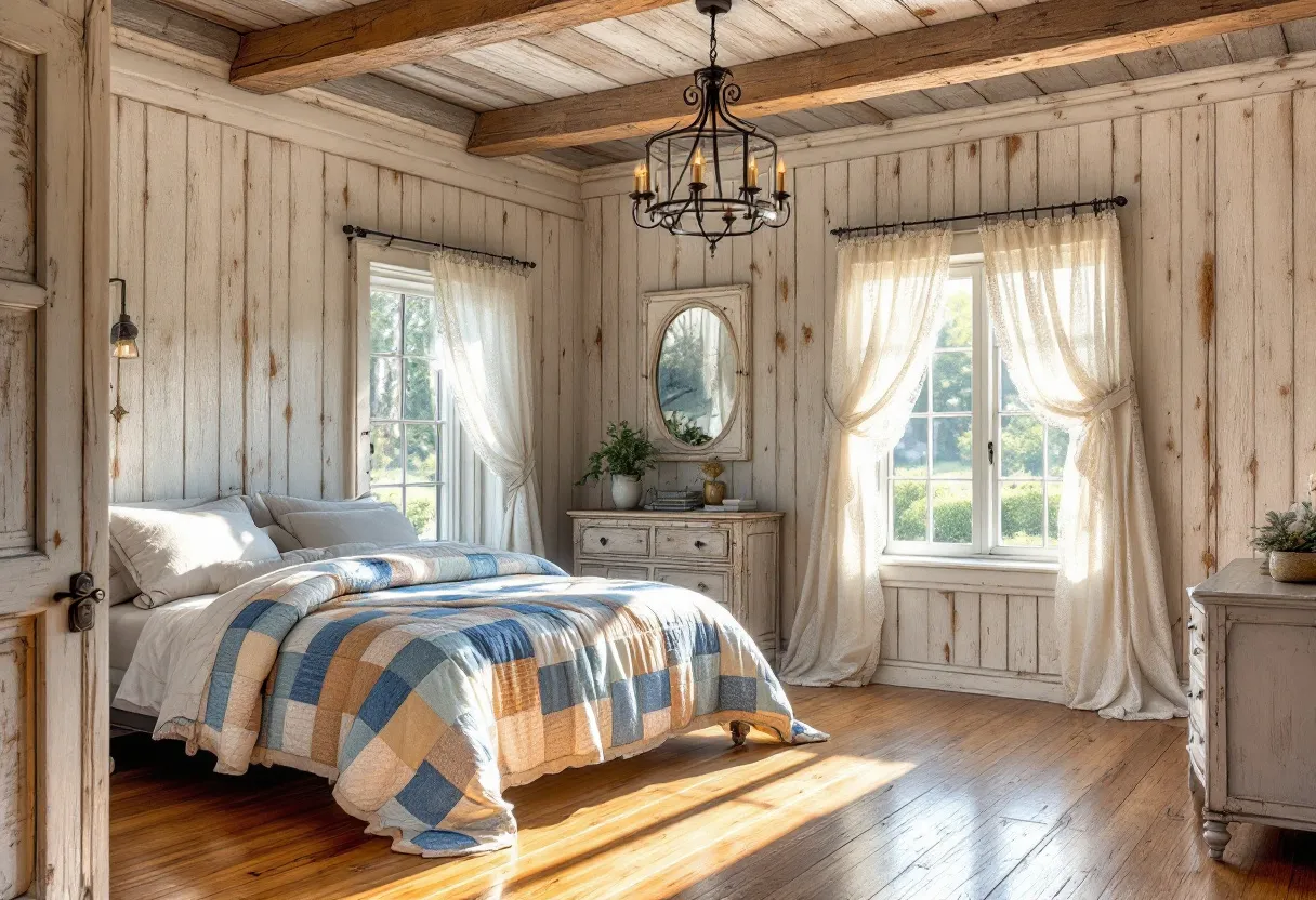 This farmhouse bedroom exudes rustic charm and warmth, characterized by its use of natural materials and soft, welcoming tones. The wooden walls and ceiling beams showcase a distressed finish that enhances the room’s cozy and aged appeal. The hardwood floor complements the woodwork, adding to the room's earthy aesthetic. A large bed, dressed with a patchwork quilt in muted blue and beige tones, becomes the focal point, inviting comfort and rest. Natural light filters through delicate, sheer curtains, casting a soft glow across the space and highlighting its serene and tranquil atmosphere.

The decor in this farmhouse bedroom is simple yet elegant, centered around functionality and a connection to nature. A vintage-style chandelier hangs from the ceiling, providing soft illumination that adds to the room's romantic ambiance. The dresser along one wall is adorned with a few carefully selected items, including potted greenery and books, adding personality and life without overwhelming the space. An oval mirror above the dresser enhances the sense of openness, reflecting light and offering a practical yet stylish design element. Overall, this farmhouse bedroom is a perfect blend of simplicity and sophistication, creating a peaceful retreat that feels both timeless and inviting.