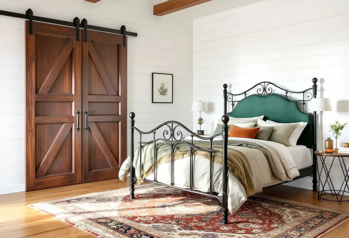 This farmhouse bedroom exudes warmth and charm with its rustic elements and cozy ambiance. The centerpiece of the room is a striking wrought iron bed frame with a green upholstered headboard, complemented by a collection of pillows in earthy tones, creating a welcoming atmosphere. The wooden sliding barn doors add a classic farmhouse touch, enhancing the room's rustic appeal.

The hardwood floor is beautifully adorned with an intricately patterned rug that brings warmth and color to the space. The walls are lined with white shiplap paneling, giving the room a light and airy feel. A pair of bedside tables with elegant table lamps enhance the room's functionality while maintaining its cozy aesthetic. A framed botanical print adds a subtle touch of nature, tying the room's elements together harmoniously.