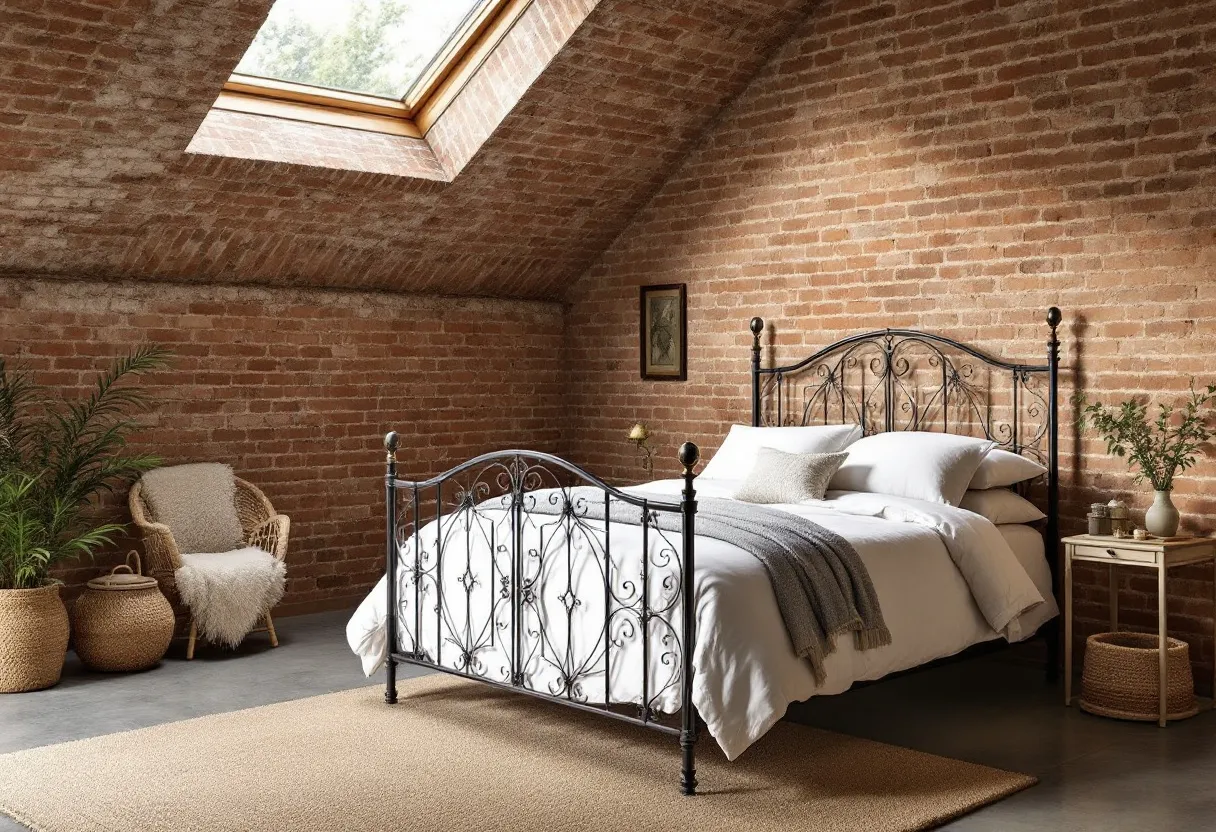 This farmhouse bedroom exudes a charming rustic elegance, characterized by earthy tones and natural materials. The exposed brick walls add a warm, textured backdrop that complements the simplicity of the space. A large skylight allows natural light to flood the room, creating an open and airy atmosphere, while the iron bed frame with intricate scrollwork stands as a focal point. The bed is adorned with crisp white linens and a cozy gray throw, enhancing the inviting, restful ambiance of the room.

The décor is minimal yet thoughtful, with a rattan chair and woven baskets adding to the farmhouse aesthetic. A neutral rug lays across the floor, tying the elements together and providing a soft underfoot contrast to the concrete flooring. A small side table beside the bed holds a vase of greenery, infusing the space with a touch of nature. The overall design is a harmonious blend of rustic and modern elements, offering a tranquil retreat that feels both welcoming and stylish.