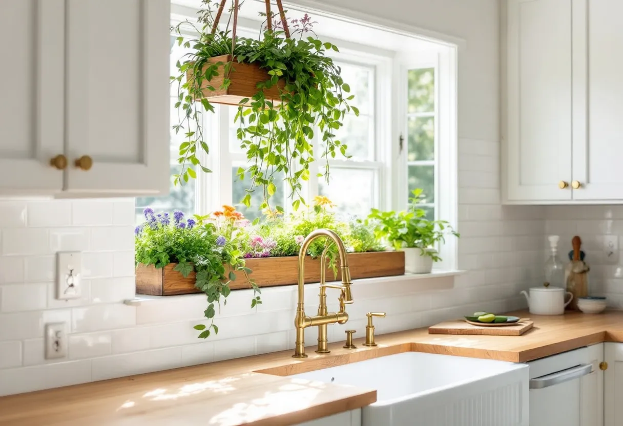 This farmhouse kitchen exudes warmth and charm with its bright and airy ambiance. The focal point is the large window that floods the space with natural light, creating a serene atmosphere. White cabinetry with simple brass knobs complements the light wood countertops, adding a touch of rustic elegance. A deep farmhouse sink sits prominently beneath the window, paired with a vintage-inspired brass faucet that enhances the classic aesthetic.

Herbs and plants thrive on the windowsill and in hanging planters, infusing the kitchen with vibrant greenery. This feature not only adds a decorative element but also offers practicality for those who enjoy cooking with fresh ingredients. Neutral-toned backsplash tiles provide a clean backdrop, while thoughtful details like a wooden cutting board and ceramic vessels complete the inviting and functional space.