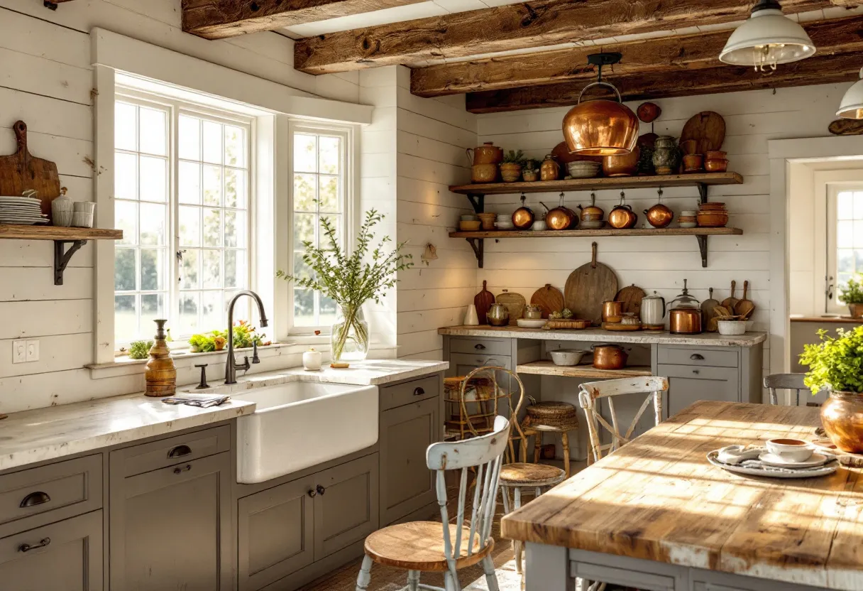 This farmhouse kitchen exudes warmth and charm with its rustic yet elegant design. The combination of white shiplap walls and exposed wooden beams creates a cozy and inviting atmosphere, while the large windows allow ample natural light to flood the space. The farmhouse sink is a central feature, surrounded by a sturdy marble countertop that adds a touch of sophistication. Copper accents, such as pots and utensils, are strategically placed throughout, complementing the neutral tones and adding a hint of warmth and character to the room.

The kitchen is thoughtfully designed with open shelving, showcasing a mix of functional cookware and decorative items, which contributes to the farmhouse aesthetic. The wooden dining table, paired with vintage-style chairs, reinforces the rustic theme and provides a perfect spot for family gatherings. Potted plants and fresh flowers add a splash of greenery, enhancing the overall fresh and natural feel of the space. This harmonious blend of rustic elements and modern functionality makes the kitchen both beautiful and practical.