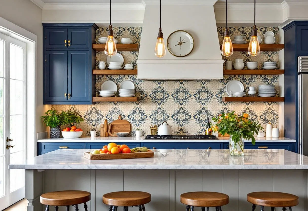 This farmhouse kitchen exudes a warm and welcoming atmosphere, characterized by its harmonious blend of rustic and modern elements. The cabinetry features a rich blue color, which contrasts beautifully with the intricate patterned tiles on the backsplash. These tiles lend an artistic flair, adding depth and visual interest. Open wooden shelving showcases neatly arranged white dinnerware, contributing to the kitchen's airy and organized feel. The prominent range hood, finished in a clean white, enhances the kitchen's classic appearance, while the elegant clock centered above serves as both a functional and decorative feature.

The central island, topped with a sleek marble countertop, serves as a focal point for gathering. Its understated grey base complements the surrounding decor, bridging the gap between traditional and contemporary styles. Above the island, industrial-style pendant lights cast a warm glow, reinforcing the kitchen’s inviting ambiance. The seating, consisting of wooden stools with rustic finishes, further emphasizes the farmhouse motif, providing a cozy space for casual dining. Accents like fresh fruit bowls and vibrant floral arrangements add pops of color, infusing the space with natural beauty and life.