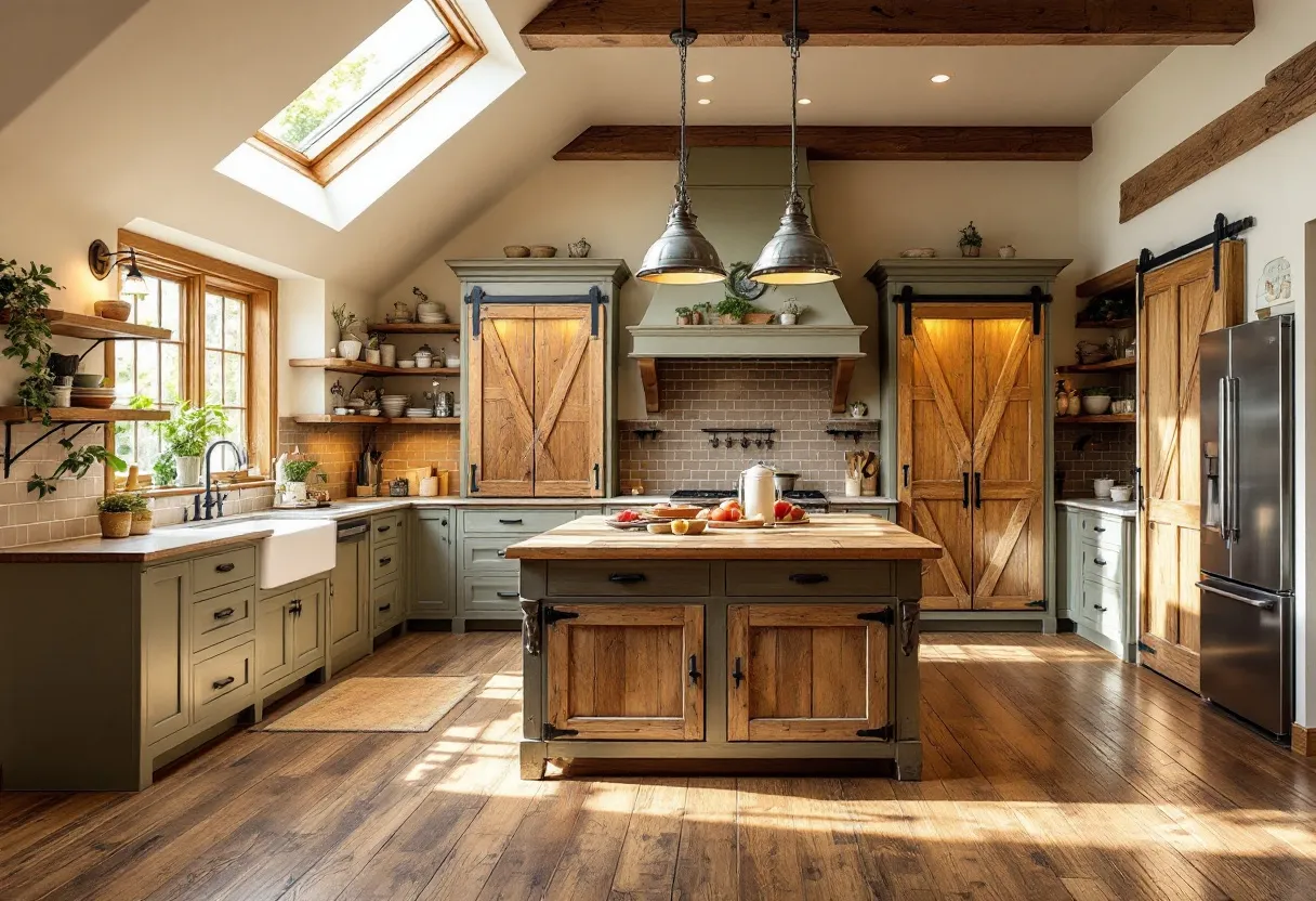 This farmhouse kitchen captures a warm and inviting atmosphere with its rustic charm and practical design. The room is bathed in natural light, streaming in from a generous skylight and a large window, highlighting the rich wood tones that dominate the space. The wooden beams lining the ceiling complement the cabinetry and central island, creating a cohesive and harmonious look. The cabinets and island feature a mix of natural wood and muted green tones, adding an earthy touch that enhances the overall farmhouse aesthetic.

The kitchen is designed with functionality in mind, featuring ample countertops and plenty of storage space behind sliding barn-style doors. Open shelving adds a decorative touch, displaying an array of kitchenware and small plants that bring a touch of nature indoors. The cozy and rustic ambiance is further accentuated by the use of warm lighting fixtures, including pendant lights over the island. This well-balanced blend of traditional elements and modern conveniences makes the kitchen a delightful space for cooking and gathering.