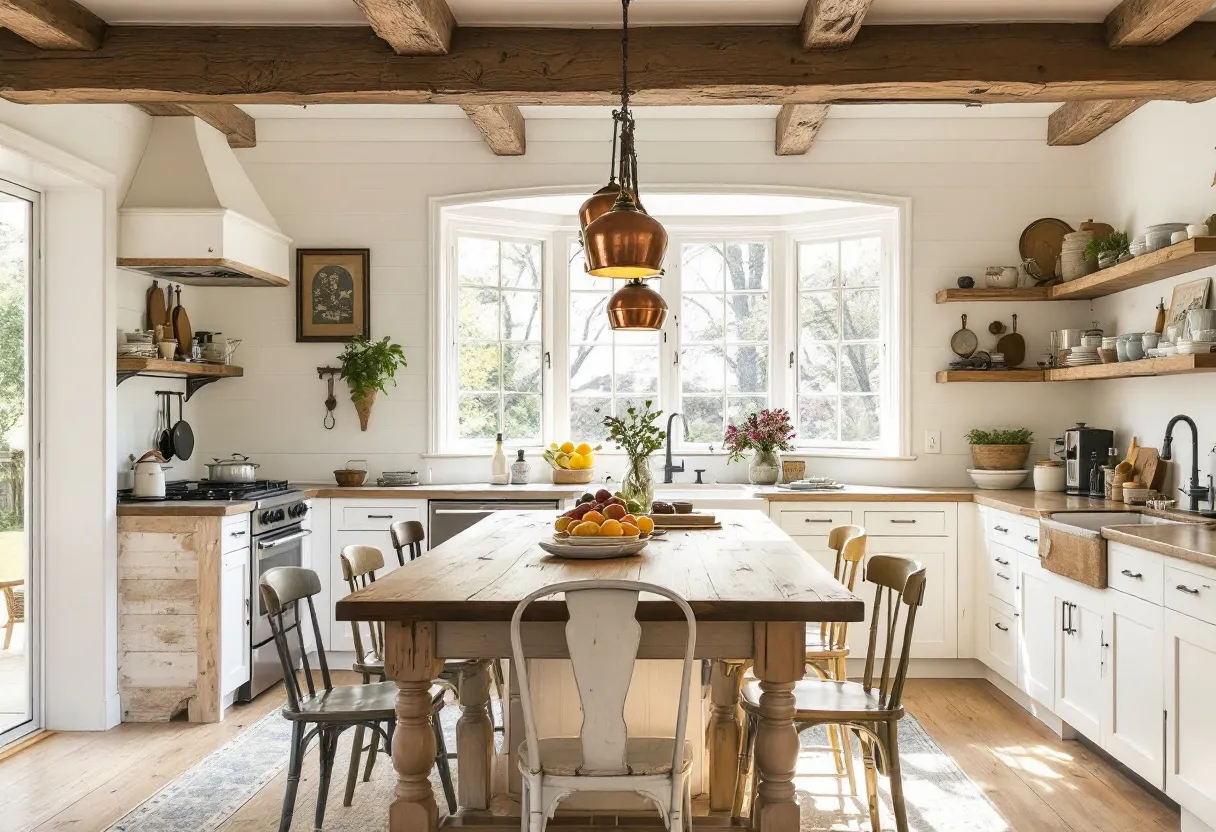 This farmhouse kitchen exudes a warm and inviting atmosphere, perfectly blending rustic charm with modern functionality. Dominated by a large wooden table at its center, the space is illuminated by an abundance of natural light pouring in through a wide array of windows. The exposed wooden beams on the ceiling add character and a sense of history, complementing the light, natural tones of the walls and cabinetry. Copper pendant lights hang above the table, adding a touch of vintage elegance and a hint of warmth to the room.

The open shelving along one wall is tastefully arranged with an array of ceramics and kitchen essentials, contributing to the farmhouse aesthetic while providing practical storage. Potted plants and vibrant flowers bring a splash of color and life, enhancing the kitchen's welcoming vibe. With its harmonious blend of textures and thoughtful layout, this kitchen is a perfect space for both culinary adventures and cherished family gatherings.