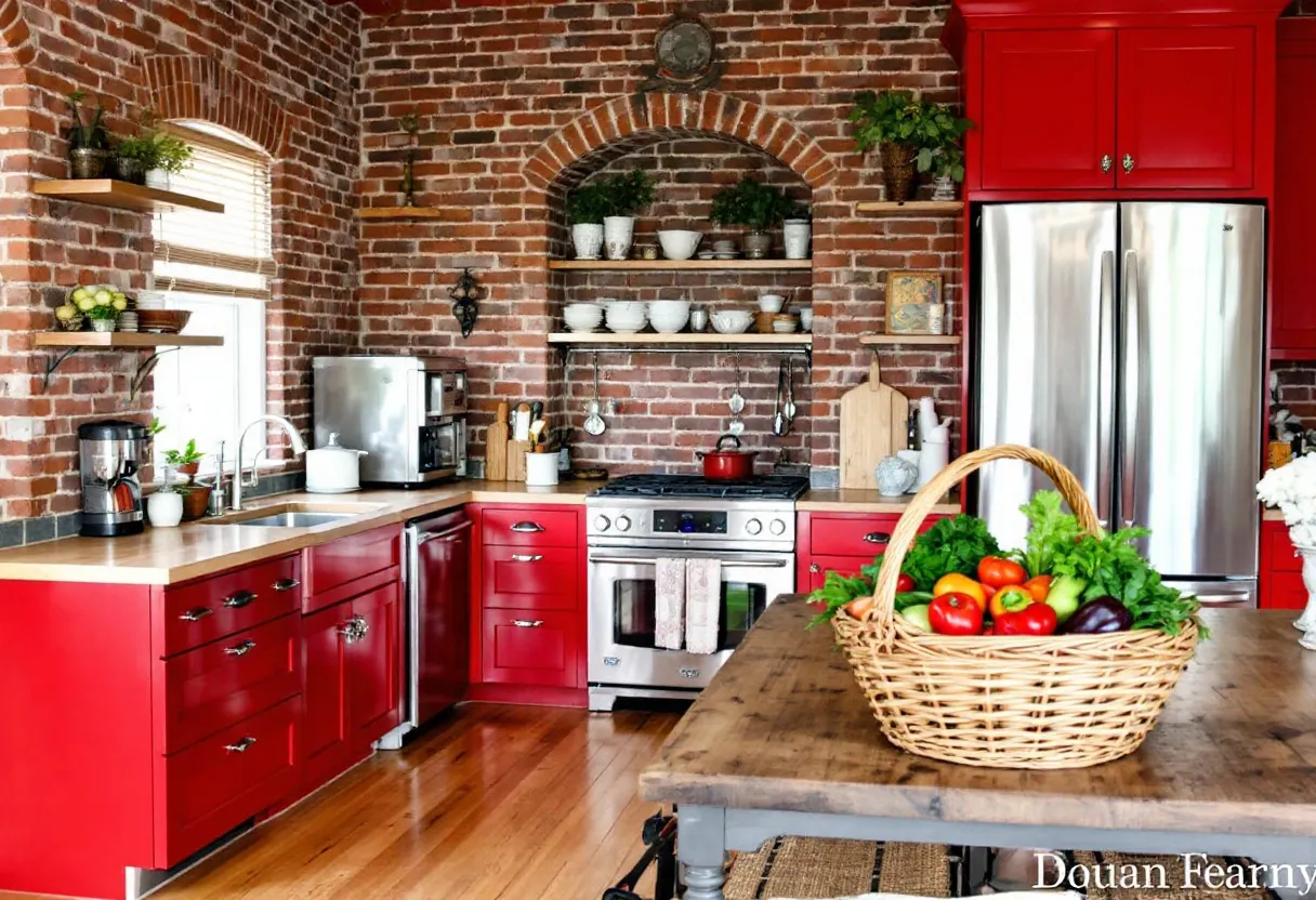 This farmhouse kitchen exudes charm with its striking red cabinetry paired elegantly with the warm tones of exposed brick walls. The rich red color of the cabinets adds a vibrant touch while maintaining a cozy and inviting atmosphere. The stainless steel appliances complement the modern farmhouse style, creating a perfect blend of rustic and contemporary elements. Open shelving features neatly arranged dishes and greenery, adding both practical storage and decorative charm.

The wooden countertops and table contribute to the rustic feel, enhancing the farmhouse ambiance. A basket filled with colorful fruits and vegetables sits atop the table, adding a lively and fresh element to the space. The natural light streaming in through the window brightens the room, highlighting the earthy textures and making the space feel open and welcoming. Overall, this farmhouse kitchen combines functionality with aesthetic appeal, creating a warm and inviting heart of the home.