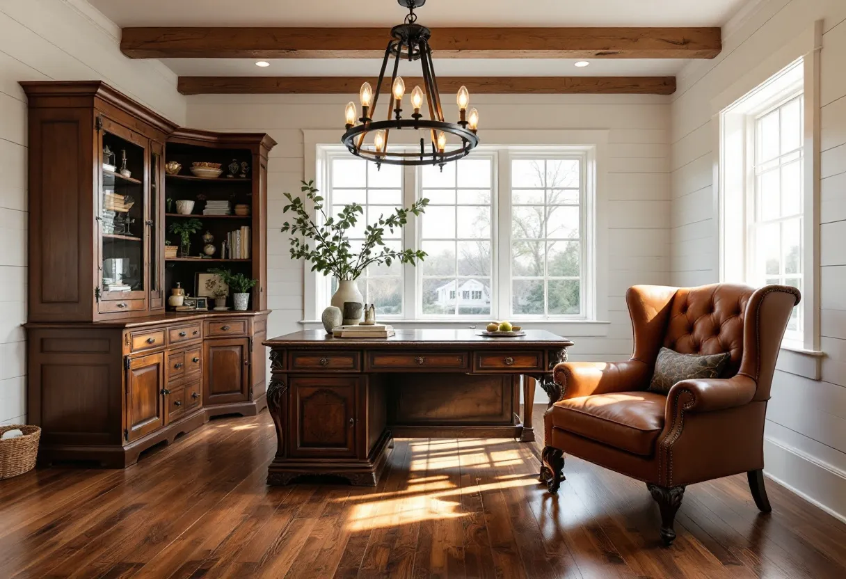 This farmhouse office showcases a warm and inviting atmosphere through its use of rich wooden elements and natural light. The large windows allow ample sunlight to illuminate the space, highlighting the dark wood floors and the intricate woodwork of the desk and cabinets. A distinctive feature of the room is the chandelier with an elegant, rustic design, which adds a touch of sophistication. The white shiplap walls contribute to the farmhouse aesthetic, creating a bright and airy contrast to the darker furnishings.

The furniture arrangement emphasizes comfort and functionality, with a large tufted leather armchair offering a cozy spot for relaxation or reading. The built-in cabinetry provides ample storage and display space, adorned with books, plants, and decor items that lend a personal touch. Beamed ceilings add architectural interest and depth to the room. This combination of elements creates a harmonious and stylish workspace that balances both traditional and modern farmhouse design.