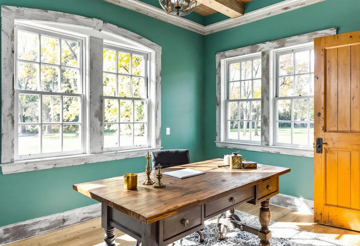 This farmhouse office exudes a warm, rustic charm with its use of natural wood and earthy colors. The walls are painted a calming green, which complements the natural light streaming in through the large windows. The window frames, exhibiting a distressed white finish, add a touch of vintage appeal to the space. A solid wooden door with visible grain patterning further enhances the room's rustic aesthetic.

The centerpiece of the room is a robust wooden desk with turned legs, which echoes the farmhouse style. It is adorned with brass and gold-toned accessories, contributing a hint of elegance. The floor is laid with wooden planks that match the desk, providing cohesion to the overall look. This setup creates an inviting and serene atmosphere, ideal for focused work or creative pursuits.