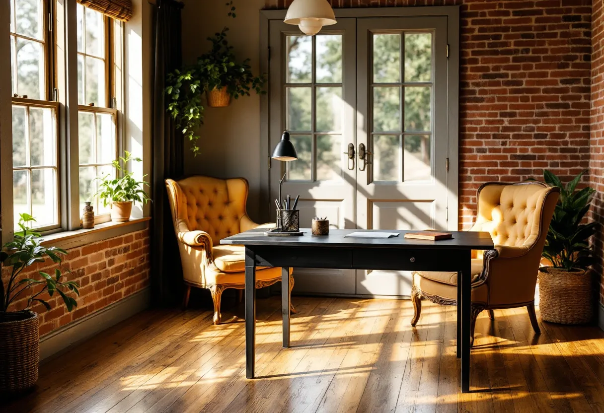 This farmhouse office exudes a warm and inviting ambiance, characterized by its rustic brick walls and large windows that allow an abundance of natural light to flood the space. The wooden flooring adds a touch of elegance while maintaining a cozy farmhouse feel. The room is tastefully furnished with a sturdy, dark wooden desk that sits at the center, creating a focal point for productivity. On the desk, there are a few essential items like a lamp, some writing tools, and a notebook, all of which enhance the room's purpose without cluttering it.

The seating in this office contributes significantly to its welcoming atmosphere. Two plush, tufted armchairs in a golden hue provide comfortable seating options, perfect for reading or contemplative thinking. The chairs are positioned near a set of double doors that open to the outside, suggesting easy access to nature and additional sunlight. Adding to the room's charm are several potted plants strategically placed to bring a touch of greenery and life into the space, further reinforcing the farmhouse vibe with a hint of modern sensibility.