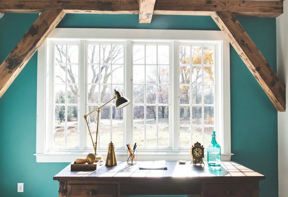 This farmhouse office exudes a charming and rustic atmosphere, characterized by its warm wooden elements and inviting natural light. The focal point of the room is a large wooden desk, beautifully crafted to maintain the farmhouse aesthetic. The desk is adorned with a classic brass lamp, decorative items, and a glass bottle, adding a touch of elegance and functionality to the workspace. Sunlight pours in through a large window, which not only illuminates the space but also offers a delightful view of the surrounding landscape, creating a seamless connection between indoor and outdoor environments.

The interior design is enhanced by the teal walls, which provide a refreshing contrast to the wood tones and add a modern twist to the traditional farmhouse style. Exposed wooden beams on the ceiling further accentuate the rustic charm and contribute to the welcoming ambiance. Overall, this farmhouse office combines elements of traditional and modern design seamlessly, offering a peaceful and inspiring setting for work or relaxation.