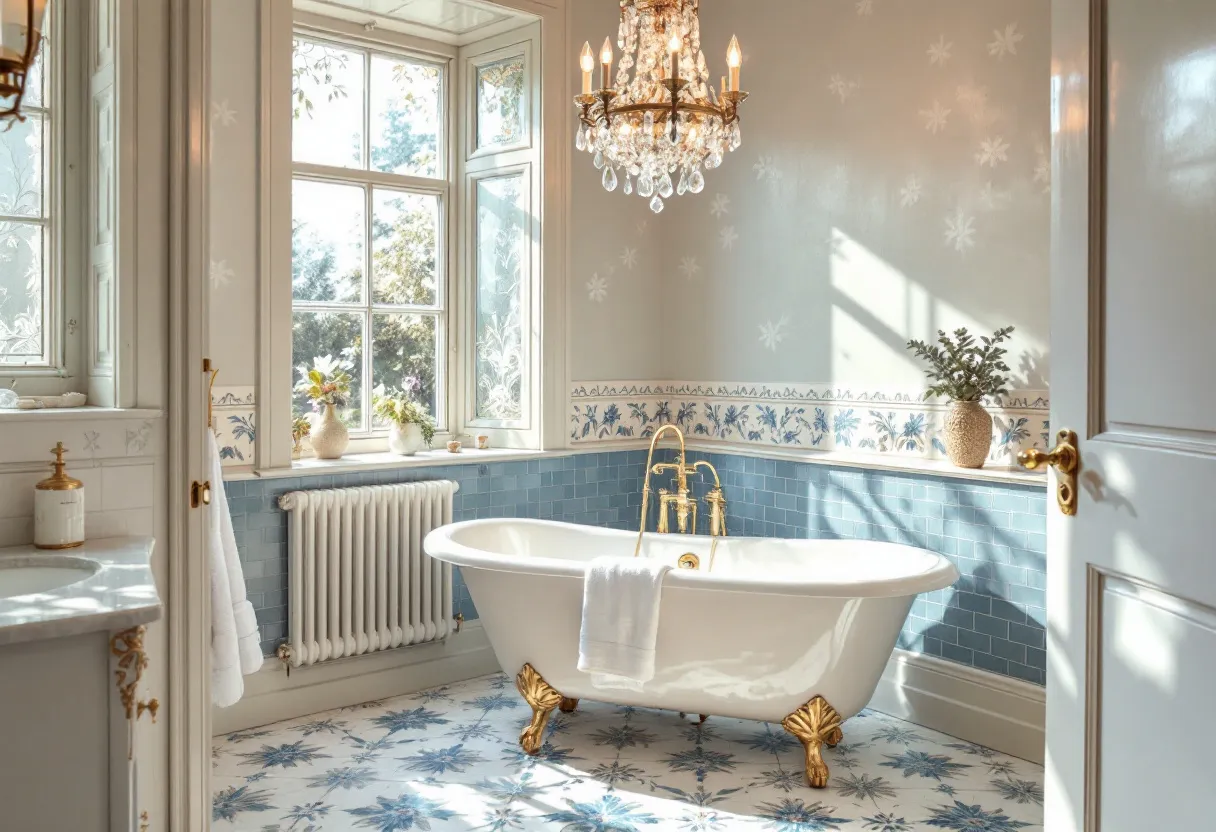 This French bathroom showcases an elegant blend of classic and modern design elements. The centerpiece is a stunning clawfoot bathtub, notable for its golden legs that add a touch of opulence. The walls are adorned with soft blue tiles that beautifully complement the delicate floral patterns found on the border tiles. The subtle grayish-blue color of the tiles adds a serene and calming atmosphere, perfect for relaxation. 

Natural light floods the room through large, ornately framed windows, which offer a picturesque view of the outside. Above the bathtub hangs a magnificent crystal chandelier, providing a touch of vintage glamour and serving as a focal point in the room. Decorative elements such as vases and an antique-style radiator enhance the room's classic charm, creating a harmonious balance between aesthetics and functionality.