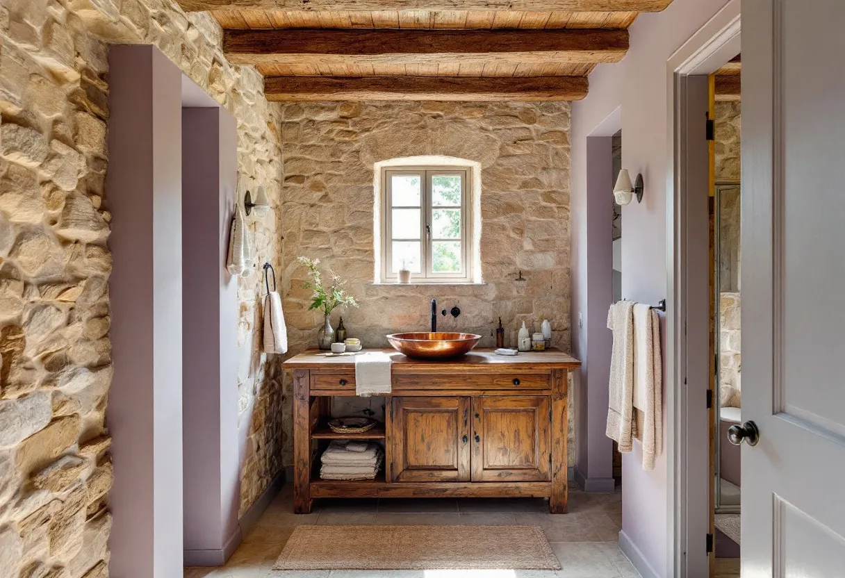 This French bathroom exudes rustic charm and elegance, characterized by its rough-hewn stone walls and wooden beams. The earthy tones of the stone walls create a cozy and inviting atmosphere, highlighting the natural beauty of traditional French design. The wooden beams add texture and warmth, contributing to the overall rustic appeal. 

The focal point of the bathroom is the wooden vanity, which boasts a rich, natural finish that complements the stone backdrop. It is topped with a copper basin that brings a touch of sophistication and contrasts beautifully with the rustic elements. Thoughtfully placed accessories, such as neatly folded towels and a simple vase with flowers, add to the serene ambiance, while the window allows natural light to filter in, enhancing the warm and inviting space.