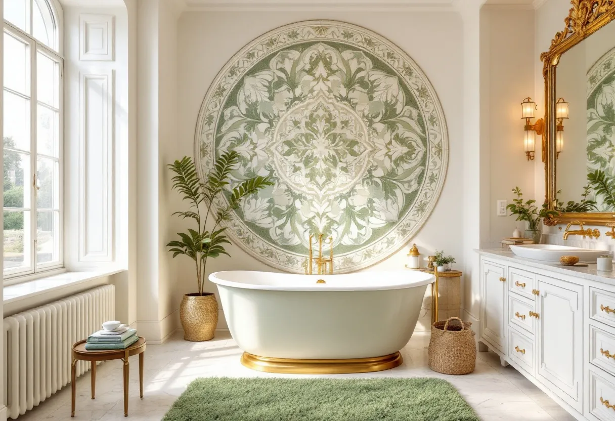 This French bathroom exudes elegance and charm, characterized by its harmonious blend of classic and modern elements. The centerpiece is a luxurious freestanding bathtub with a sleek, white finish complemented by a golden base, which adds a touch of opulence. The large, round decorative wall art featuring intricate green patterns creates a focal point that anchors the room's aesthetic. Its motifs mirror the natural elements within the room, providing a cohesive and sophisticated look.

Natural light floods in through the expansive window, highlighting the room’s soft, neutral color palette. The white cabinetry is adorned with gold hardware that matches the gleaming fixtures, enhancing the bathroom's elegant appeal. A lush green rug adds warmth and comfort to the marble floor. Meanwhile, potted plants in woven baskets and the thoughtfully placed toiletries add organic touches, enhancing the serene and inviting atmosphere.