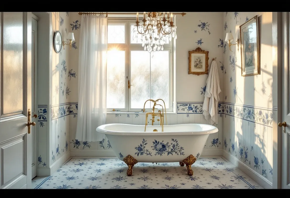 This French bathroom exudes a sense of elegance and old-world charm. The centerpiece of the room is a classic clawfoot bathtub adorned with delicate blue floral patterns that harmonize beautifully with the surrounding decor. The bathtub's ornate metal legs add a touch of luxury, complementing the shimmering brass fixtures that seem to echo the golden hues of the setting sun. 

The room is softly illuminated by a grand chandelier, which casts a warm glow over the intricately patterned floor tiles and walls. These tiles, adorned with matching blue floral motifs, create a seamless flow throughout the space. Adding to the room’s character are the vintage wall sconces and framed artwork, which together with the airy curtain, contribute to the serene and sophisticated ambiance typical of classic French design.