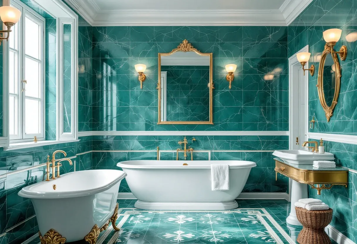 This French bathroom exudes elegance and sophistication, characterized by its lavish use of rich green marble tiles that dominate the walls and floors. These tiles feature delicate white veining, creating a luxurious backdrop that complements the opulent gold accents found throughout the room. The ornate gold-framed mirror above the bathtub adds a touch of grandeur, reflecting the room's lush color scheme and enhancing the overall sense of space and light. Wall-mounted sconces in a gold finish provide warm, ambient lighting, contributing to the bathroom’s inviting and serene atmosphere.

The centerpiece of the bathroom is the classic freestanding bathtub, which boasts graceful curves and is accompanied by gleaming gold fixtures, emphasizing the room’s luxurious aesthetic. Adjacent to the tub, a stylish washbasin is set in a gold-framed vanity, further highlighting the meticulous attention to detail and high-quality materials used throughout the space. A plush white towel draped over the edge of the bathtub adds a touch of comfort, while intricately designed mosaic patterns on the floor enhance the visual interest and timeless elegance of this quintessentially French bathroom.