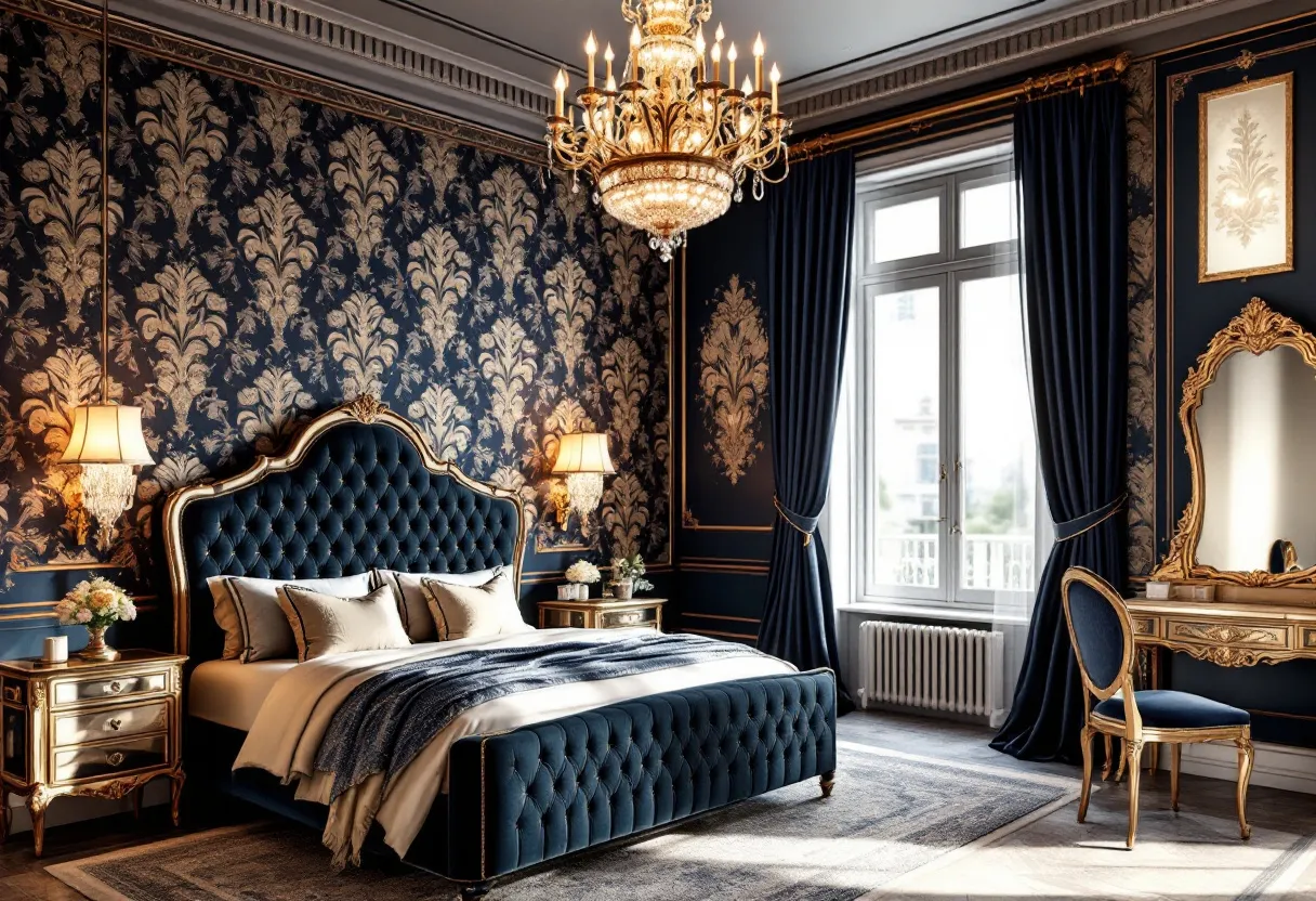 This French bedroom showcases an opulent and classic design, with a focus on rich textures and elegant decor. The centerpiece of the room is a grand tufted bed upholstered in deep blue velvet, accented with ornate gilded detailing. Complementing the luxurious headboard are matching nightstands that feature intricate gold carvings and are topped with stylish lamps, adding to the room’s refined ambiance. The wall behind the bed is adorned with a sophisticated damask wallpaper in blue and gold, enhancing the room's regal atmosphere.

The room is further accentuated by an exquisite chandelier, casting a warm glow over the space and highlighting the depth of the rich color palette. Large windows framed by heavy, dark drapes allow natural light to filter in, creating a contrast with the room’s darker tones. An elegant vanity with a large, ornately framed mirror and matching chair sits in one corner, offering both functionality and style. Overall, this French bedroom exudes a sense of luxury and classic charm, reminiscent of aristocratic interiors.