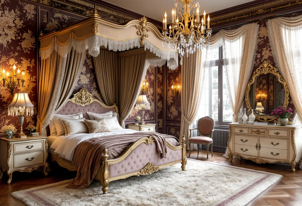 This French bedroom exudes an aura of classic elegance and sophistication. The room is adorned with opulent drapery and intricate wallpaper in deep maroon tones, which are beautifully complemented by the warm golden accents found throughout. The centerpiece of the room is a lavish canopy bed with a tufted pink headboard, framed by ornately carved wood and draped with luxurious fabric, creating a romantic and inviting atmosphere. The bed is flanked by regal nightstands with vintage-style lamps that add a soft, ambient glow to the space.

The elegant design is further emphasized by a grand chandelier that hangs from the ceiling, catching the light and casting a delicate sparkle around the room. Large, sweeping windows are dressed in sheer lace and rich velvet curtains, allowing natural light to gently illuminate the space. A vintage vanity with an ornate mirror and a plush chair offer a touch of refined luxury, while the polished wooden floors are softened by a plush area rug, adding warmth and comfort to this exquisite retreat.