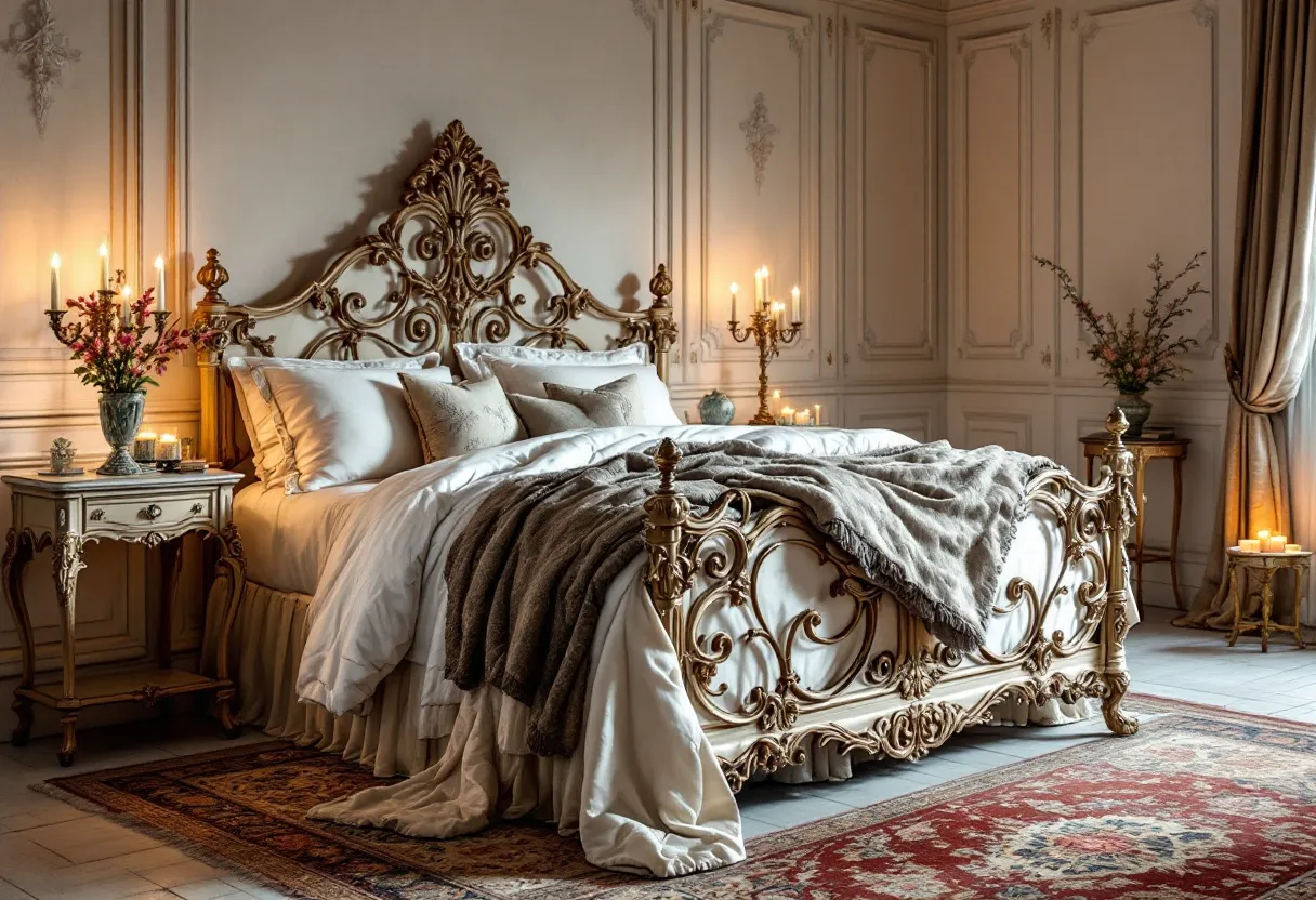 This French bedroom exudes elegance and grandeur, embodying the exquisite charm of classic French interior design. The focal point is a lavishly ornate bed with an intricately carved headboard and footboard, showcasing elaborate details and an antique finish. Plush bedding in soft, neutral tones enhances the luxurious ambiance, complemented by elegantly arranged pillows and a sumptuous throw, adding layers of comfort and style. 

Flanking the bed, vintage-style bedside tables support elegant candelabras, casting a warm glow that highlights the room’s intricate wall moldings. These moldings, with their subtle detailing, echo the sophisticated decor. Arrangements of fresh flowers in ornate vases add a touch of natural beauty and fragrance, while the rich, patterned rug underfoot ties the room together with a sense of timeless elegance. Luxurious drapes frame the space, completing the room's refined and timeless aesthetic.