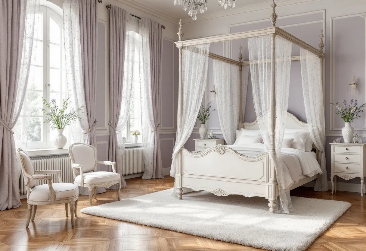 This French bedroom exudes elegance and sophistication with its classic and refined aesthetic. The centerpiece is a luxurious four-poster bed adorned with delicate, sheer curtains that gracefully drape down, enhancing the room's romantic ambiance. The ornate detailing on the bed frame, with its intricate carvings and an antique white finish, speaks to a sense of timeless style. Surrounding the bed are matching nightstands, each holding a decorative vase with delicate floral arrangements that add a touch of natural beauty and freshness to the room.

The room is framed by tall, elegant windows that allow abundant natural light to flood in, highlighting the room's soft color palette. Light lavender walls complement the white furnishings and add warmth and tranquility. Plush, flowing curtains accentuate the room's height and grandeur, creating a cozy yet opulent atmosphere. The chandelier hanging gracefully from above adds to the luxurious feel, shimmering softly and casting delicate patterns of light on the walls. Overall, the space embodies a perfect blend of classic French elegance and serene comfort.