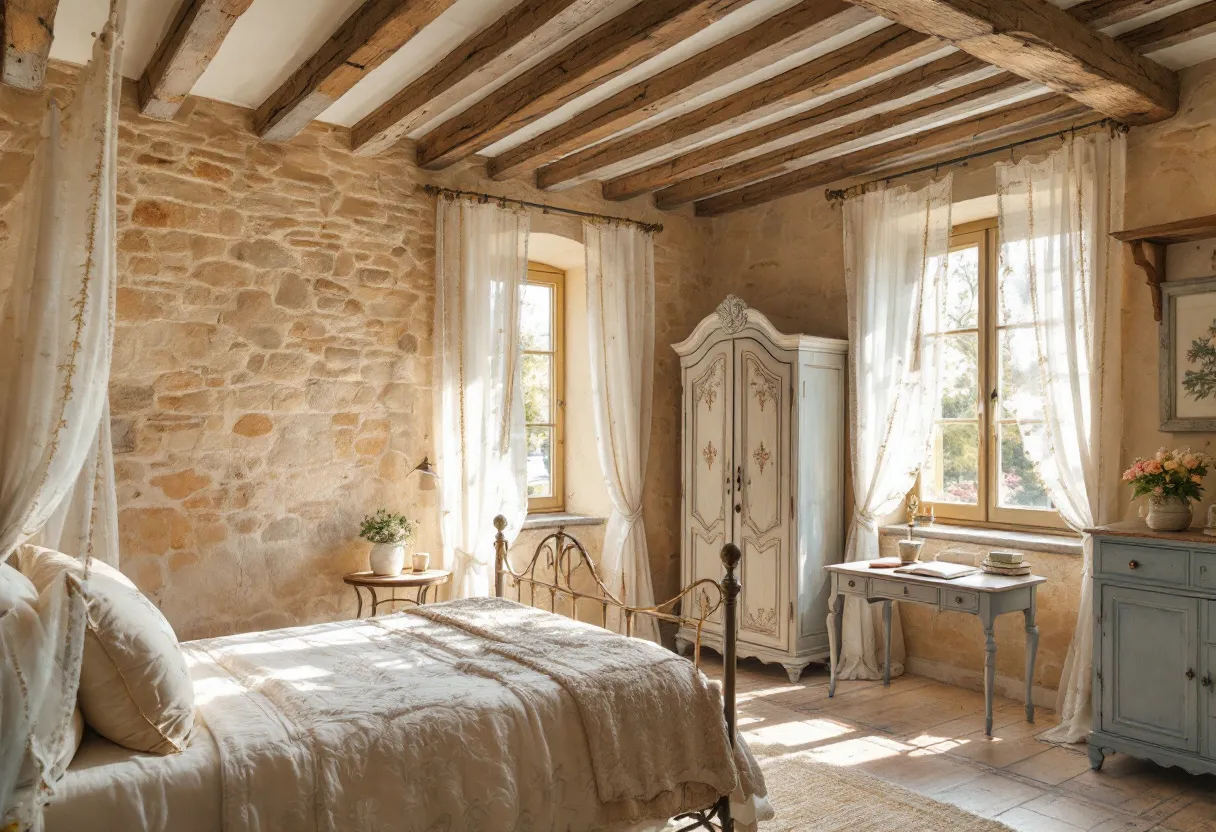 This French bedroom exudes rustic elegance with its charming design. The prominently exposed stone walls give the space an authentic, cozy feel, creating a warm and inviting atmosphere. The wooden ceiling beams add to the traditional French countryside aesthetic, highlighting the room's character and history. Natural light streams through the sheer, flowing curtains of the windows, casting a soft, welcoming glow across the room.

The decor is a harmonious blend of antique and vintage elements. A beautifully carved armoire with delicate floral details serves as a focal point, while a wrought iron bed frame adds an air of timeless sophistication. The delicate fabrics and pastel hues of the bedding complement the room's overall palette, enhancing the serene and relaxed ambiance. A small table adorned with a potted plant and a bouquet of fresh flowers adds a touch of nature, completing the tranquil and refined look of this enchanting bedroom.