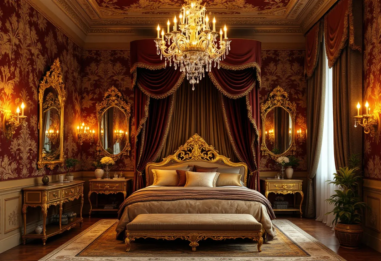 This French bedroom exudes opulence and elegance, reminiscent of the classical Rococo style. The luxurious drapery, adorned with rich maroon and gold hues, cascades dramatically around a central, ornately carved bed. The bed itself is a masterpiece, featuring intricate gold detailing and a plush velvety headboard, complemented by a bench at its foot. A grand chandelier, with its cascading crystals, hangs majestically from the ceiling, casting a warm and inviting glow that enhances the sumptuous atmosphere.

The room is beautifully balanced with matching intricately carved mirrors flanked by elegant sconces, each emitting a soft amber light. The walls are richly decorated with elaborate floral patterns that echo the opulent theme. Ornate wooden furniture with gold accents, including matching side tables and an elegant dresser, further enhances the sense of luxury. The hardwood flooring, covered in a plush area rug, completes this picture of refined French sophistication.