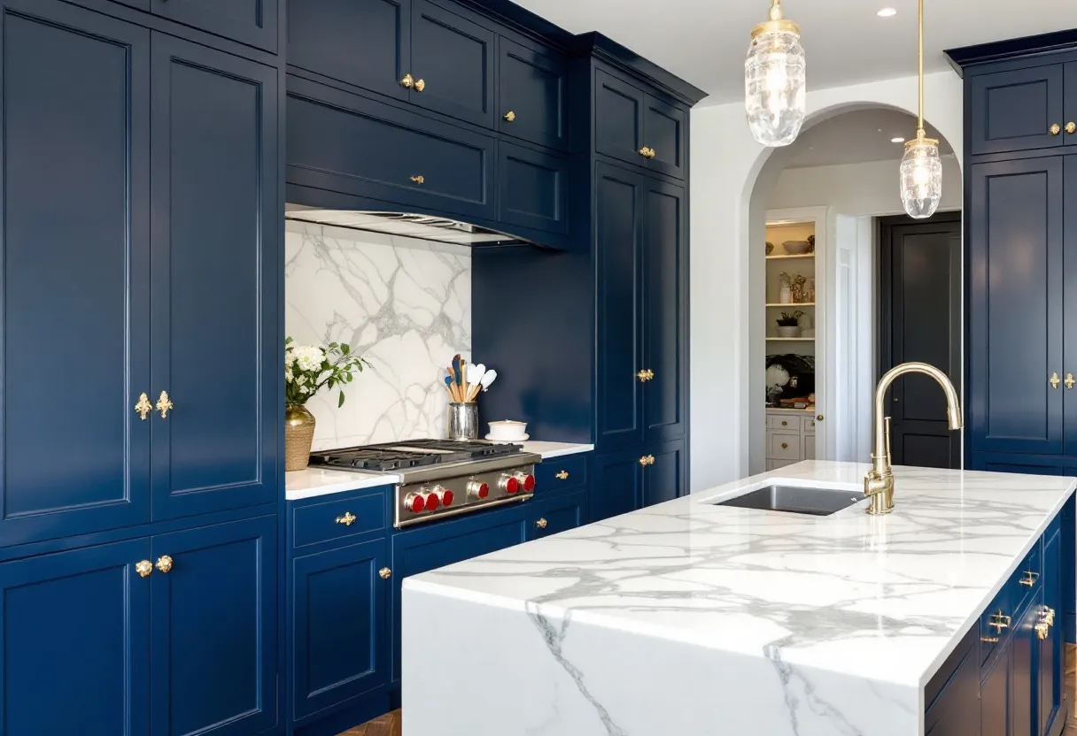 This French kitchen embodies elegance with its deep navy blue cabinetry that exudes both sophistication and warmth. The cabinetry is complemented by sleek, golden handles that add a touch of luxury and contrast beautifully with the rich blue tones. The kitchen features a striking marble countertop and backsplash that showcase intricate gray veining, adding texture and a classic touch to the space. The refined palette of blue, gold, and marble creates an atmosphere of timeless charm and modern grace.

The kitchen’s layout is functional and inviting, with a spacious island at its center that includes an integrated sink and ample workspace for culinary endeavors. Overhead, two pendant lights with ornate glass fixtures illuminate the area, providing both practicality and an elegant visual element. Additionally, the arched doorway adds a classic architectural detail, enhancing the room’s overall French-inspired design. The combination of luxurious materials and seamless design elements makes this kitchen a perfect blend of style and function.