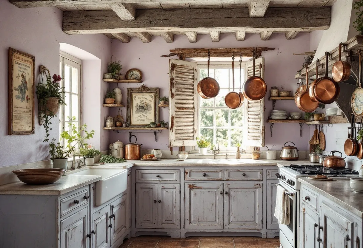 This French kitchen exudes rustic charm and warmth, characterized by its beautifully aged wooden beams and distressed cabinetry. The light-colored cabinets convey a sense of history and elegance, harmonizing with the textured walls. The open shelves display an assortment of ceramics and copper cookware, adding both practicality and decorative appeal. Overhead, copper pots and pans hang, offering a splash of metallic warmth that contrasts with the soft hues of the cabinetry and walls.

Natural light floods the kitchen through a large window framed by rustic wooden shutters, casting a serene glow across the room. Potted herbs and plants are strategically placed, infusing the space with life and freshness. The farmhouse sink and vintage-style faucets lend authenticity to the countryside aesthetic, emphasizing a blend of utility and style. This kitchen effortlessly combines traditional French design elements with a cozy, inviting atmosphere.