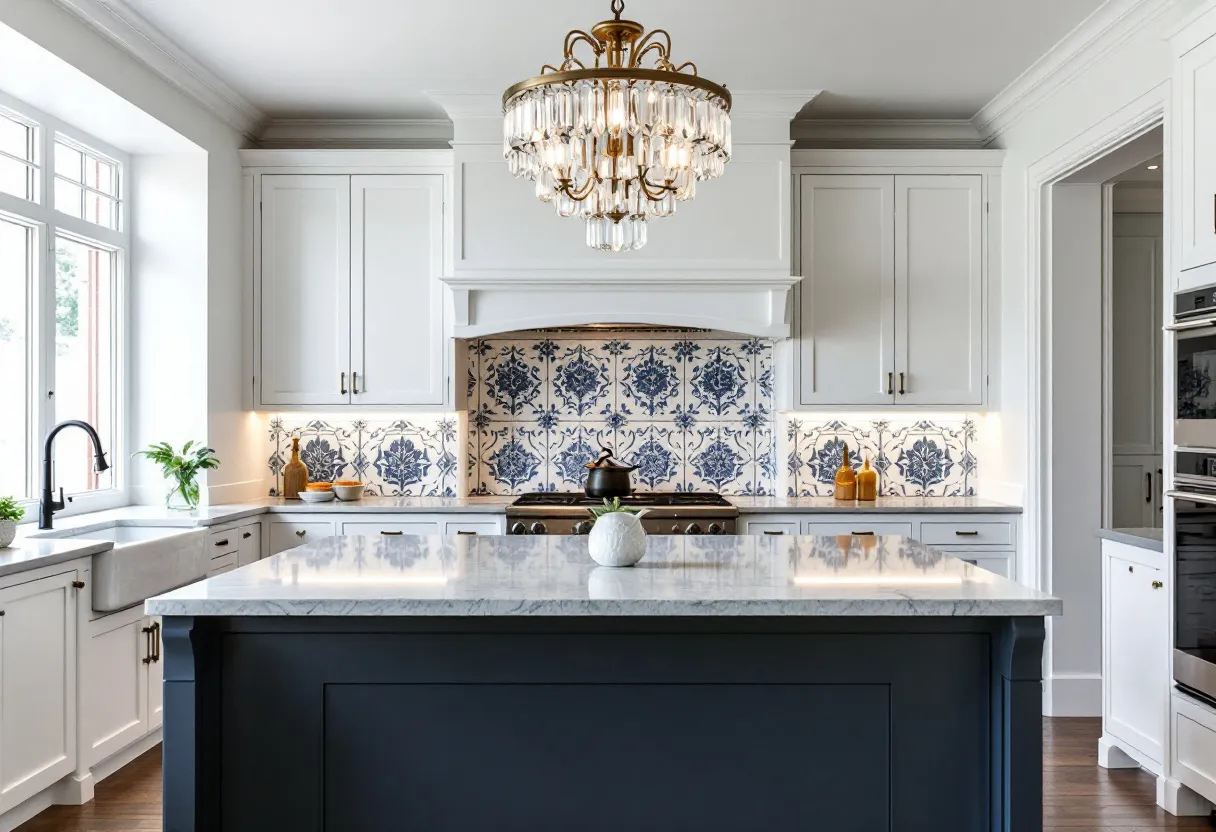 This French kitchen exudes elegance and warmth, underscored by a blend of classic and modern elements. The prominent feature is the backsplash, adorned with intricate blue and white tiles that infuse the space with a touch of traditional charm. These tiles contrast beautifully with the white cabinetry, creating a seamless and harmonious look. The cabinetry is accented by sleek, understated handles that contribute to a clean and sophisticated aesthetic.

The kitchen island stands out with its dark base and pristine white marble countertop. This centerpiece not only provides ample workspace but also acts as a focal point, balancing the room's bright and airy feel. Above, a grand chandelier with cascading crystals adds an element of luxury, casting a warm glow throughout the space. Large windows allow natural light to flood in, enhancing the kitchen's inviting atmosphere, while the high-end appliances integrated into the design ensure functionality meets style.