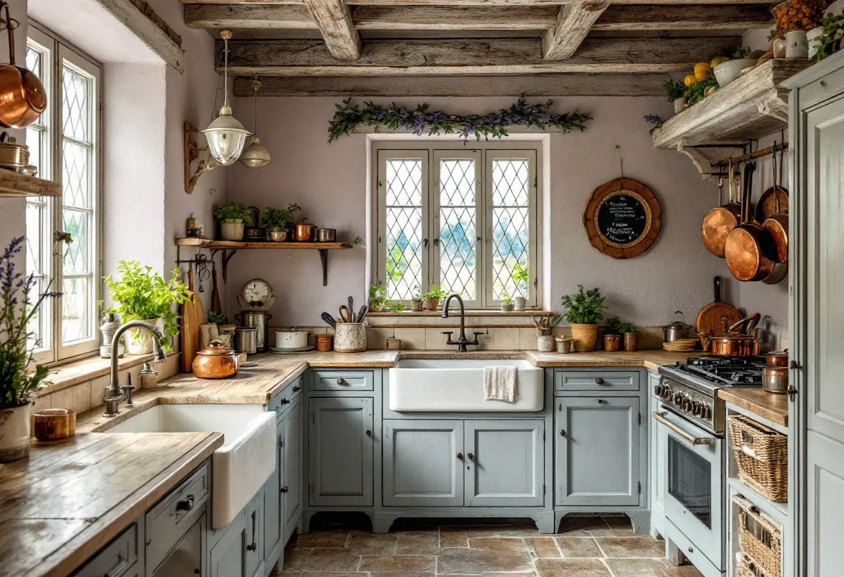 This French kitchen exudes a charming rustic elegance with its carefully curated elements. The soft pastel tones of the cabinetry complement the natural wood accents, creating a warm and inviting atmosphere. The central farmhouse sink, with its classic design, anchors the space, while the countertops provide ample room for preparation and display. The light streaming through the multi-pane windows highlights the lush greenery placed throughout, weaving a sense of the outdoors into the kitchen's heart.

The ceiling's exposed wooden beams add an authentic touch of old-world charm that echoes the kitchen's traditional influence. Copper pots and pans hang artfully, contributing both functional and decorative elements, while the stone-tiled floor introduces a textured backdrop that enhances the kitchen’s organic and timeless appeal. Subtle touches, like the chalkboard and herb pots, bring personal character, making this French kitchen both aesthetic and functional, a true testament to the fusion of style and practicality.