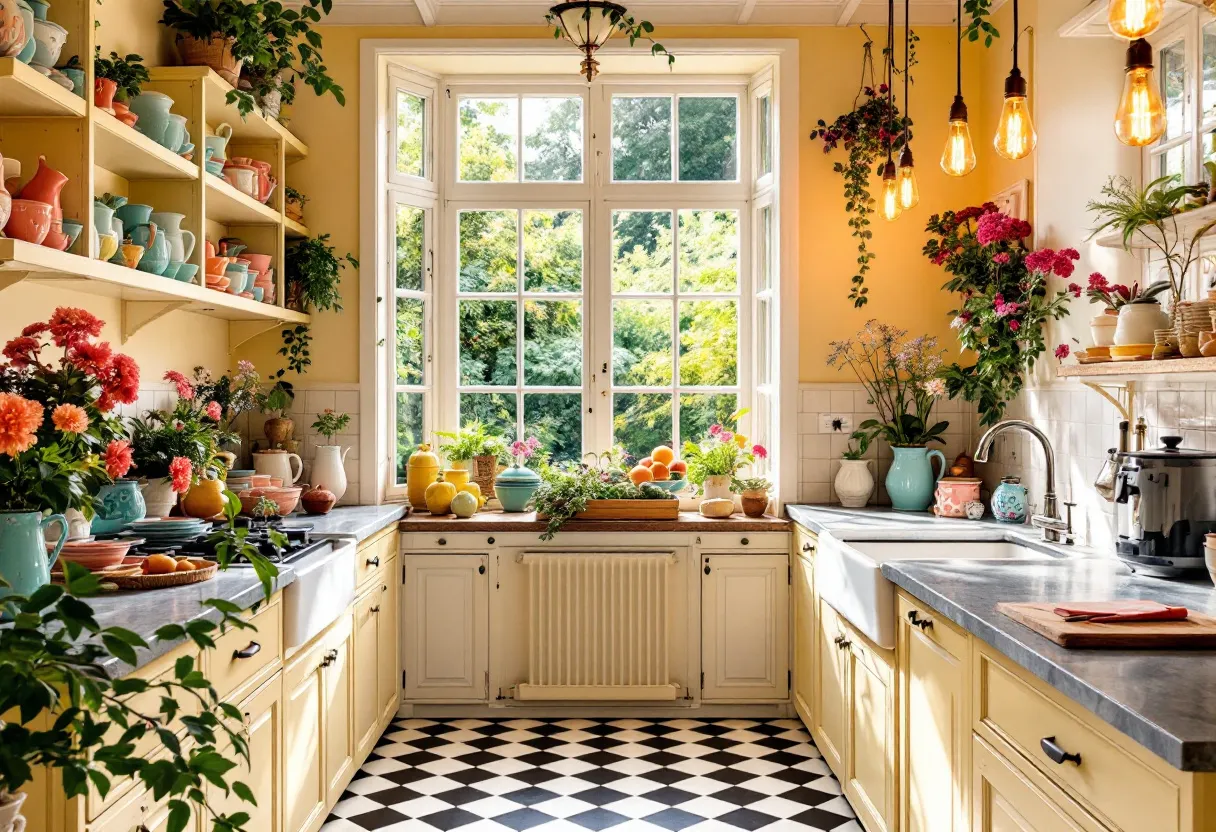 This French kitchen exudes charm and warmth, accentuated by its bright, inviting atmosphere. The walls are painted a cheerful yellow, enhancing the natural light streaming in through a large, multi-paned window. The window itself offers a picturesque view of lush greenery, serving as a seamless transition between the indoor and outdoor environments. The floor features classic black and white checkerboard tiles, adding a touch of timeless elegance to the space. 

The kitchen is adorned with open shelves that display a colorful array of ceramic dishes and teapots, contributing to a rustic, yet chic, aesthetic. Potted plants and fresh flowers are abundant, bringing life and vibrancy to the surroundings. Overhead, Edison bulbs hang from vintage-inspired fixtures, casting a warm glow that complements the room's overall design. The countertop is neatly arranged with essentials like a coffee machine and cutting boards, reflecting the space's functional yet stylish approach.