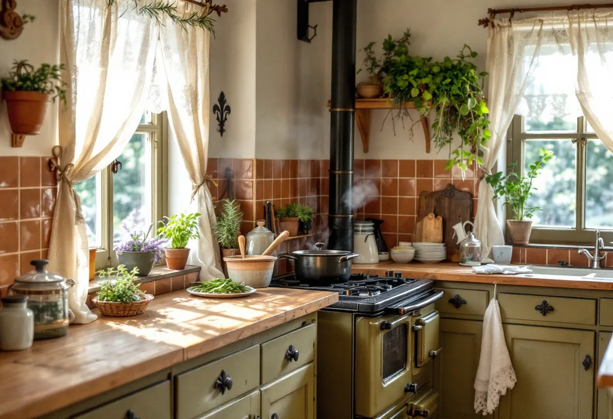 This French kitchen exudes a charming rustic ambiance, characterized by its warm and inviting atmosphere. The space is adorned with terra-cotta tiles that bring a touch of Mediterranean warmth to the room. The wooden countertops provide a natural, earthy texture that complements the overall aesthetic. The cabinetry, painted in an understated olive green, adds to the rustic appeal while maintaining a classic French look. 

In particular, this kitchen embraces a connection to nature with various potted plants placed throughout, adding a fresh and lively element to the space. The lace curtains filter in soft, diffused sunlight, creating a cozy and tranquil environment. The stove, with its vintage design, serves as a focal point, embodying both functionality and style. These carefully curated elements come together to create a space that is both functional and beautiful, ideal for culinary creativity and comfortable gatherings.