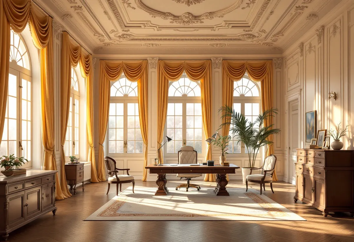 This French office exudes an air of elegance and sophistication, featuring a harmonious blend of classic design elements. The room is dominated by large windows adorned with sumptuous golden drapes, allowing natural light to flood the space and accentuate its grandeur. The intricate molding on the ceiling further enhances the refined atmosphere, while the warm tones of the wooden flooring provide a grounded contrast to the overall opulent aesthetic.

The arrangement of furnishings includes a central, stately wooden desk that commands attention, complemented by plush chairs that contribute to the room's inviting feel. Decorative elements such as lush potted plants and framed artworks add subtle touches of personality and warmth. The balance between the formal and the comfortable in this office creates an ideal environment for both work and contemplation, embodying a timeless French style.