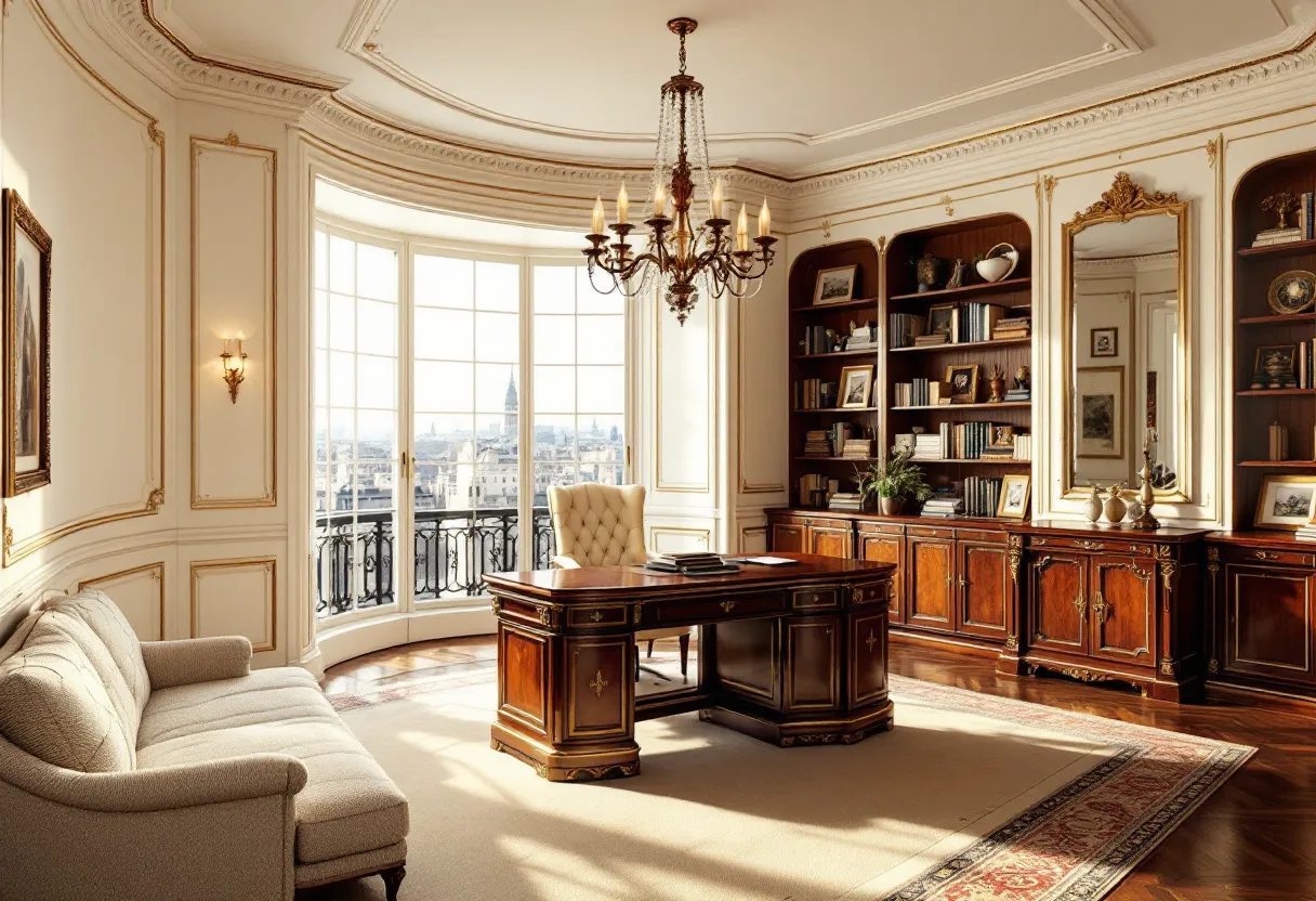 This French office exudes elegance and sophistication, with its classic architectural elements and refined furnishings. The room is bathed in natural light pouring through large, arched windows that overlook a view of the cityscape. The walls are adorned with ornate moldings and intricate wainscoting, painted in a creamy hue that enhances the sense of space and grandeur. A grand chandelier hangs from the ceiling, casting a warm glow that complements the room's traditional aesthetic.

The room is anchored by a stately wooden desk, richly detailed and polished to a high sheen, which serves as the focal point. To one side, an upholstered sofa provides a comfortable seating area, perfect for casual meetings or solitary contemplation. Along one wall, built-in bookshelves filled with volumes and decorative items add a touch of scholarly charm, while a large, gilded mirror enhances the sense of luxury. This office blends functionality with opulence, providing an inspiring environment for work and reflection.