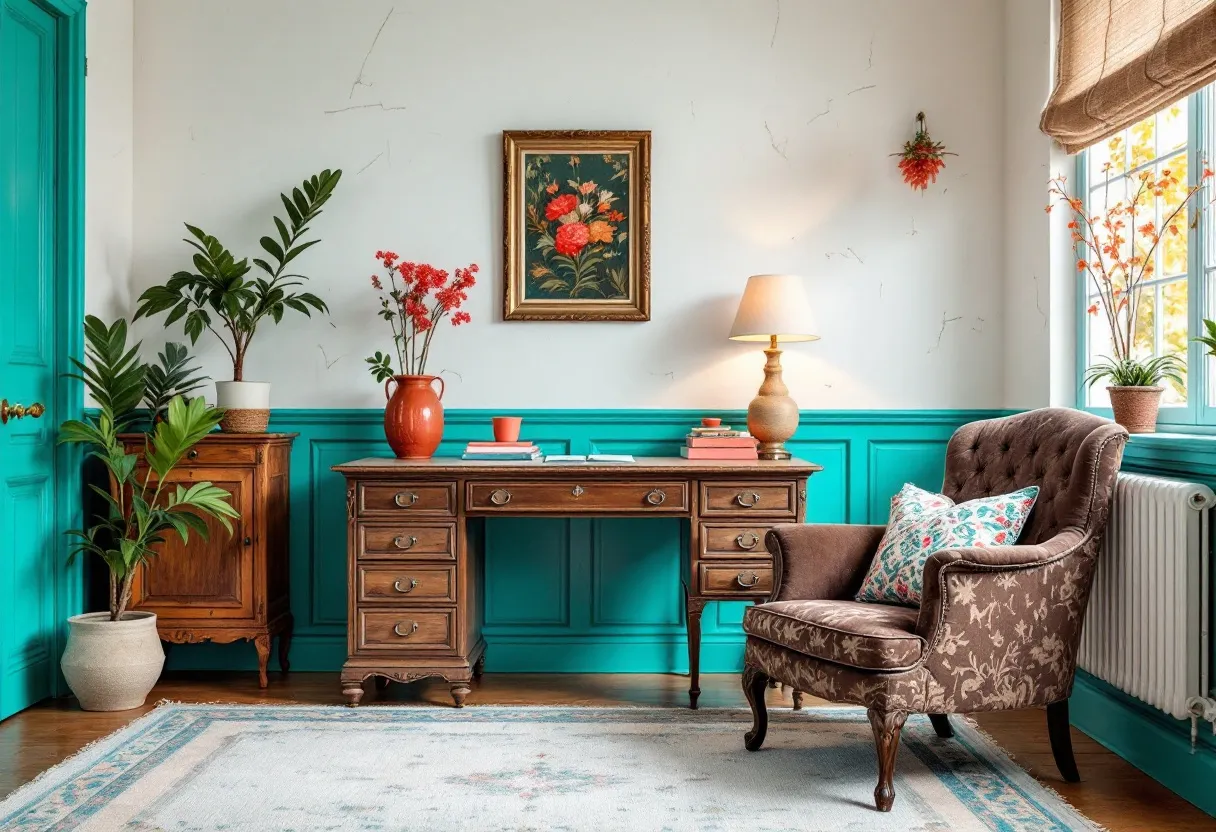 This French office is a charming blend of classic and modern aesthetic, characterized by its vibrant turquoise paneling that adds a lively touch to the room. The wooden desk, with its intricate detailing and numerous drawers, serves as the focal point. It’s adorned with a selection of books, a lamp with a warm glow, and a striking red vase holding delicate flowers. The wall behind the desk features a beautifully framed floral painting, contributing to the office's sophisticated yet cozy ambiance.

Adjacent to the desk is an inviting, upholstered armchair with a floral pattern, complete with a colorful cushion for added comfort. Natural light floods in through the large window, highlighting the potted plants strategically placed around the room, which bring a fresh, organic element to the space. A neutral-toned rug underfoot balances the room's bold colors, tying together the elegant and homey feel of this French office.