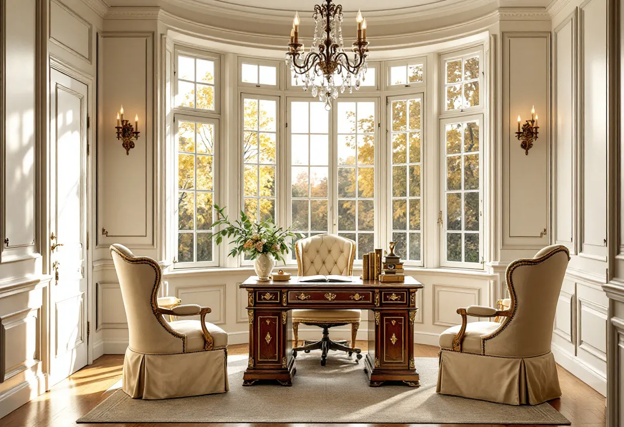 This French office exudes elegance and sophistication, capturing the essence of classic French interior design. The room is dominated by a large, curved bay window that allows ample natural light to flood the space, highlighting the intricate details of the decor. The window frames the surrounding view, creating a seamless connection between the interior and the scenic outdoors. A magnificent chandelier hangs from the ceiling, adding a touch of grandeur and complementing the room’s ornate moldings and architectural elements. The walls are adorned with classic wainscoting, enhancing the refined atmosphere of the office.

The centerpiece of the office is an opulent wooden desk, richly decorated with inlaid patterns and gold accents. Its traditional craftsmanship is paired with a plush, tufted chair, inviting comfort and luxury. Flanking the desk are two elegantly upholstered armchairs, mirroring the timeless aesthetic of the room. A vase of fresh flowers adds a subtle burst of color and life, perfectly harmonizing with the warm tones of the wooden floor and the soft hues of the walls. This French office artfully blends functional workspace with classic design elements, creating an environment that is both inspiring and serene.