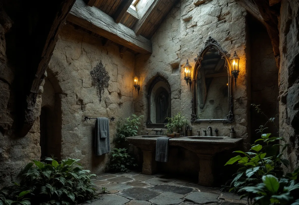 This gothic bathroom exudes an atmosphere of ancient elegance and mystery. The rough-hewn stone walls, dark and weathered, create a timeless, castle-like ambiance. Natural light filters through the skylight, casting soft, elusive shadows that play across the room's surfaces. The stone flooring echoes the rugged beauty of the walls, providing an earthy texture that enhances the room’s medieval aesthetic. 

The ornate mirrors, with their intricate, wrought iron frames, serve as focal points, reflecting the flickering glow from the wall-mounted lanterns. These lanterns add a touch of warmth, their design complementing the gothic theme with an old-world charm. Verdant plants strategically placed around the room introduce a touch of life, their soft green contrasting beautifully with the stone and enhancing the room's natural, yet otherworldly feel.