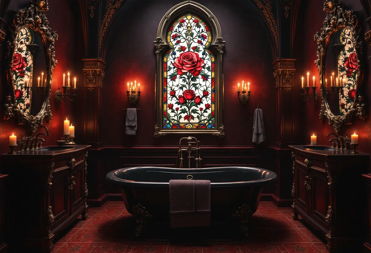 This gothic bathroom exudes an atmosphere of opulence and mystery, with its rich, dark color palette and intricate details. The centerpiece is a stunning stained glass window, adorned with vibrant red roses and intricate patterns, casting a soft, colorful glow throughout the room. The walls are a deep, luxurious purple, accented with gold detailing that adds an element of regal elegance. Ornate candle sconces on either side of the room provide a warm, flickering light, enhancing the room’s dramatic ambience.

The lavish freestanding bathtub, with its dark finish and clawfoot design, invites relaxation and indulgence. Heavy, carved wooden vanities on either side of the room echo the classic gothic style, and the large, gilded mirrors above them reflect the room’s grandeur. The use of rich materials and intricate craftsmanship creates a sense of timeless beauty, making this gothic bathroom a true sanctuary of elegance and style.