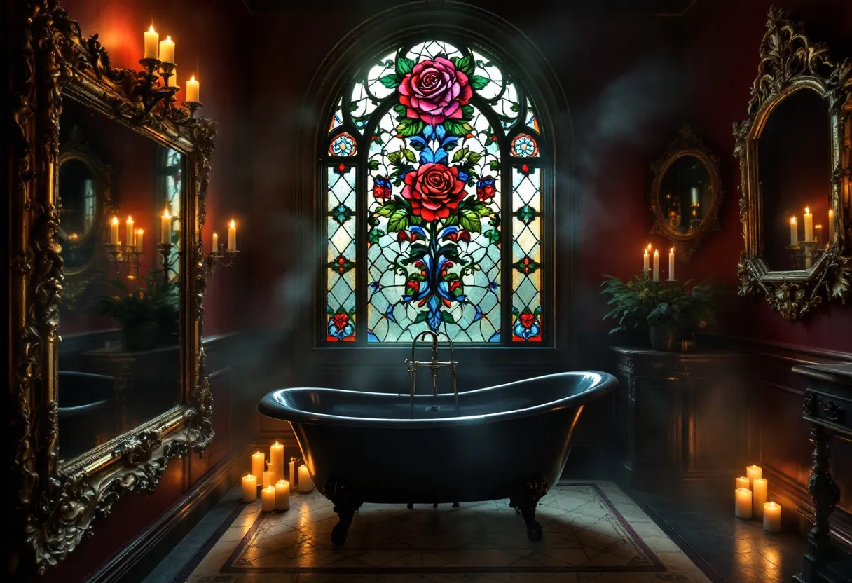 This gothic bathroom exudes an aura of opulence and mystery with its intricate design elements. Dominating the space is a grand stained glass window, featuring vibrant roses, which casts a kaleidoscope of colors across the room as light filters through. The deep red walls add to the dramatic atmosphere, enveloping the space with warmth and richness. The centerpiece, a black clawfoot tub, stands elegantly on a patterned marble floor, embodying a blend of classic beauty and gothic allure.

Adding to the ambiance, numerous candles flicker softly around the room, their gentle glow reflecting off ornate, gilded mirrors. These mirrors, with their elaborate frames, enhance the lavish feel of the room while amplifying the light from the candles and stained glass. The presence of lush green plants provides a touch of nature, balancing the room's darker elements with life and color. Together, these elements create a space that feels both inviting and enigmatic, a true testament to gothic luxury.