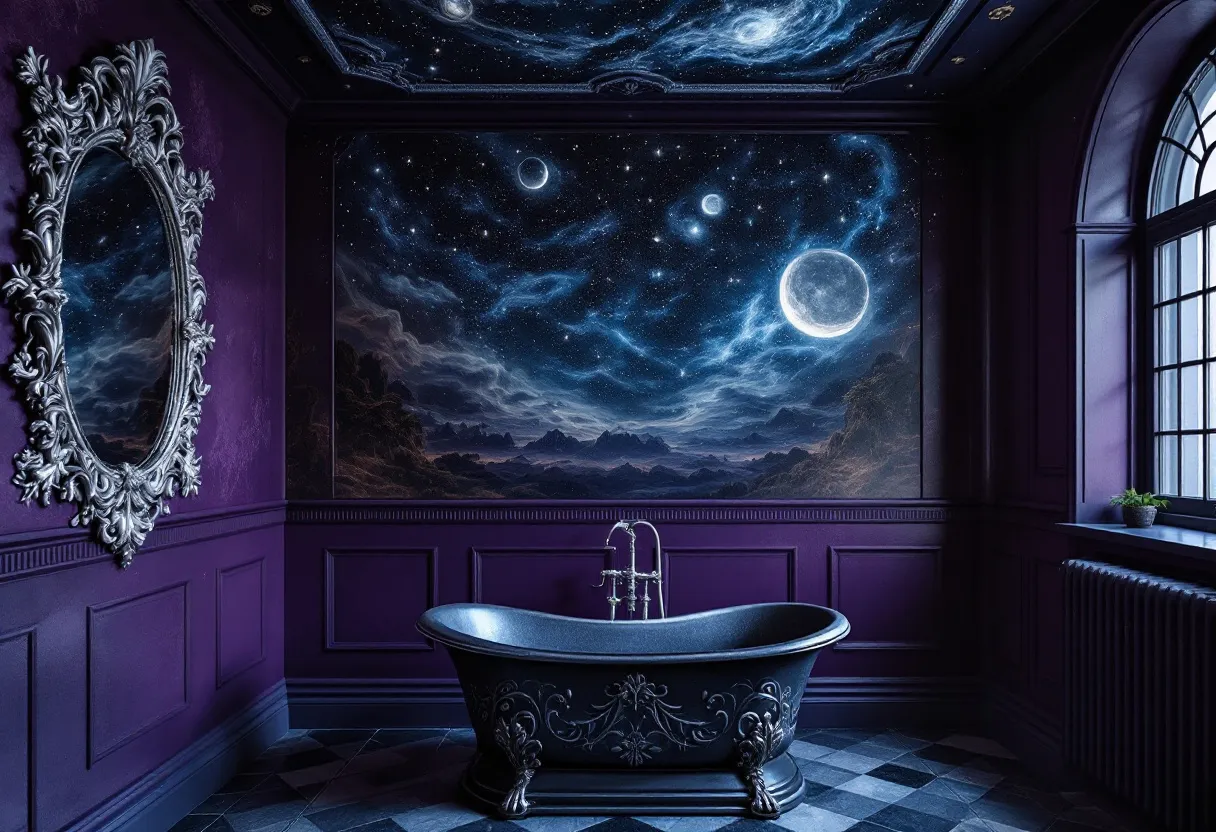 This gothic bathroom embodies an ethereal fusion of dark elegance and celestial mystery. The walls are painted in a deep purple hue, providing a dramatic backdrop that accentuates the room's opulence. Central to this space is an ornate, claw-foot bathtub, its sleek, black exterior adorned with intricate, swirling designs that evoke a sense of timeless luxury. Above, the ceiling and a feature wall are entirely transformed into a breathtaking, cosmic mural. Stars and planets swirl across the surface, creating the illusion of bathing beneath an infinite night sky.

The large, arched window to the right allows for the gentle infusion of natural light, subtly illuminating the room's rich textures and shadows. A grand, silver-framed mirror on the adjacent wall reflects both the ambient light and the stellar scene, enhancing the impression of vastness. The black-and-white checkered floor tiles, arranged in a classic pattern, ground the room, adding an additional layer of sophistication. This gothic bathroom is a sanctuary where the grandeur of the universe converges with the serene intimacy of a personal retreat.