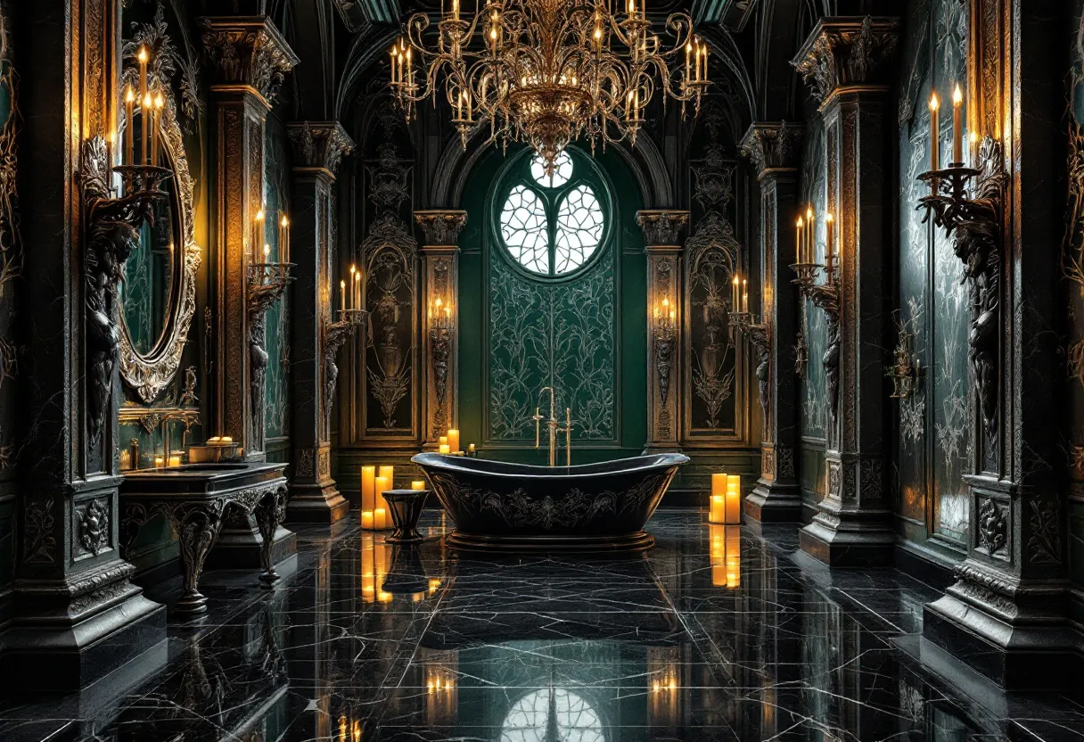 This gothic bathroom is an opulent display of dark elegance and intricate design. The room is dominated by deep, rich colors that create an atmosphere of luxurious mystery. Ornate columns with detailed carvings frame the space, providing a sense of grandeur and historical depth. The walls are adorned with elaborate patterns and dark paneling, enhancing the gothic theme. A circular window adds a touch of softness to the architecture, casting delicate shadows across the room.

The central feature is a stunning black bathtub, set against a backdrop of flickering candlelight that accentuates the room's moody ambiance. A grand chandelier hangs from the ceiling, its golden glow reflecting off the glossy, dark marble floor. Elegant candelabras mounted on the walls provide additional lighting, their warm hues contrasting with the dark surroundings. This captivating interplay of light and shadow creates an atmosphere of refined tranquility, making the bathroom a perfect sanctuary of gothic beauty.