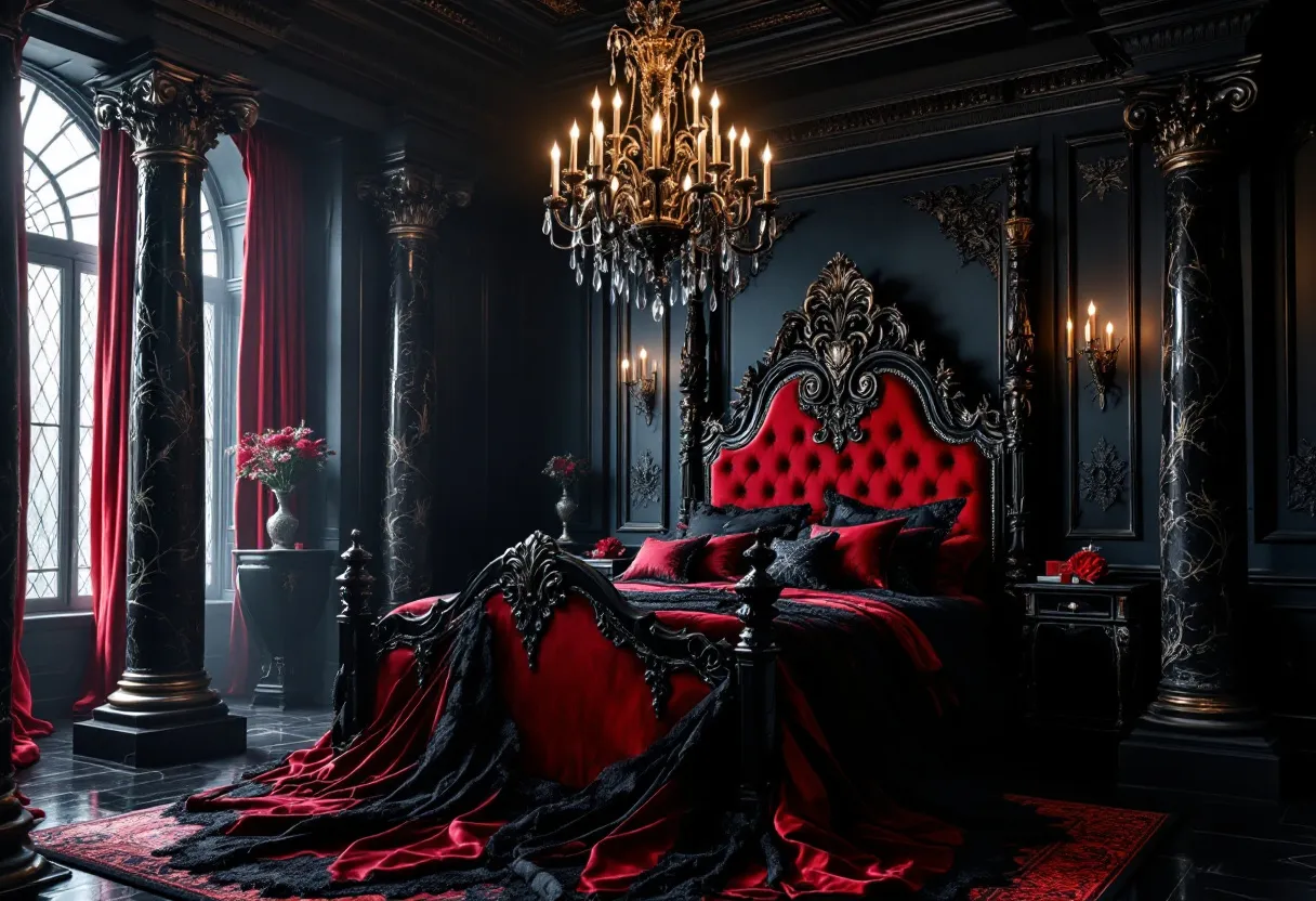 This gothic bedroom exudes an aura of dramatic elegance, with its rich, dark color palette and intricate detailing. The centerpiece is a grand bed featuring an ornate headboard adorned with intricate carvings, upholstered in deep red fabric that contrasts strikingly against the black backdrop. The bedding, a luxurious blend of red and black, flows gracefully onto the dark, polished floor, adding to the room's opulent atmosphere. The walls and ceiling are embellished with elaborate moldings and decorative elements that enhance the overall gothic aesthetic.

Illuminating the space is a magnificent chandelier, its numerous candles casting a warm, flickering glow that highlights the room's sumptuous textures and rich hues. Tall, imposing columns frame the windows, draped with heavy red curtains that provide a sense of seclusion and mystery. The interplay of light and shadow further accentuates the room's enchanting and enigmatic feel, transporting anyone who enters into a realm of historic grandeur and refined style.