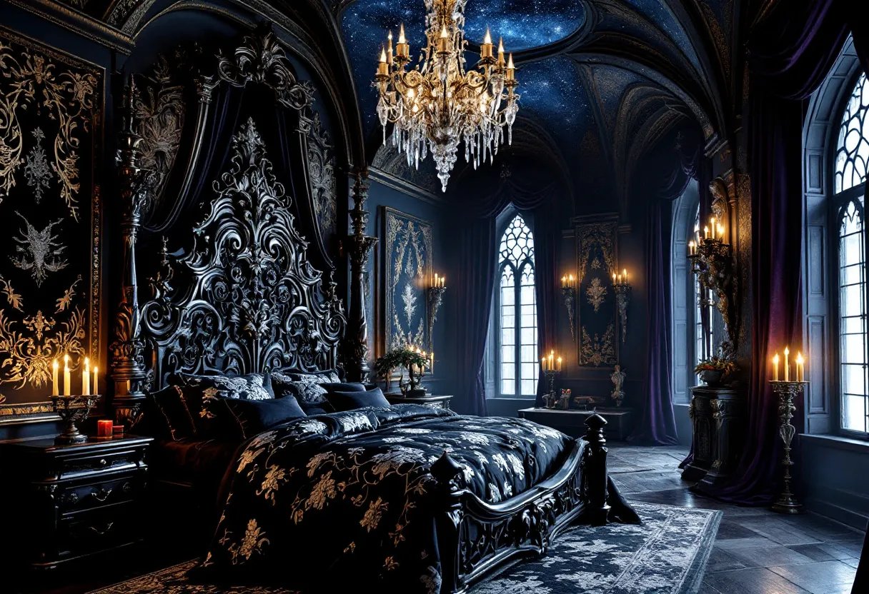 This gothic bedroom is a captivating blend of elegance and drama, characterized by its intricate design elements and rich color palette. The imposing headboard, with its elaborate carvings, serves as a focal point, embodying the classic gothic architectural influences. Dark, ornate patterns on the bedding and walls complement the opulence of the space, creating a cohesive aesthetic that is both luxurious and mysterious. The room is enveloped in deep, rich hues, predominantly in shades of black and navy, enhancing the dramatic and intense atmosphere.

The exquisite chandelier hanging from the starry ceiling casts a warm, ambient glow, which is echoed by the numerous candles strategically placed throughout the room. These sources of light illuminate the space with a soft, flickering glow, adding to the mystical ambiance. Grand gothic windows allow for a play of natural light, framed by plush drapes that accentuate the height and grandeur of the room. The incorporation of lush foliage and floral elements adds a subtle touch of natural beauty, further enriching the gothic decor with a touch of life and vibrancy.