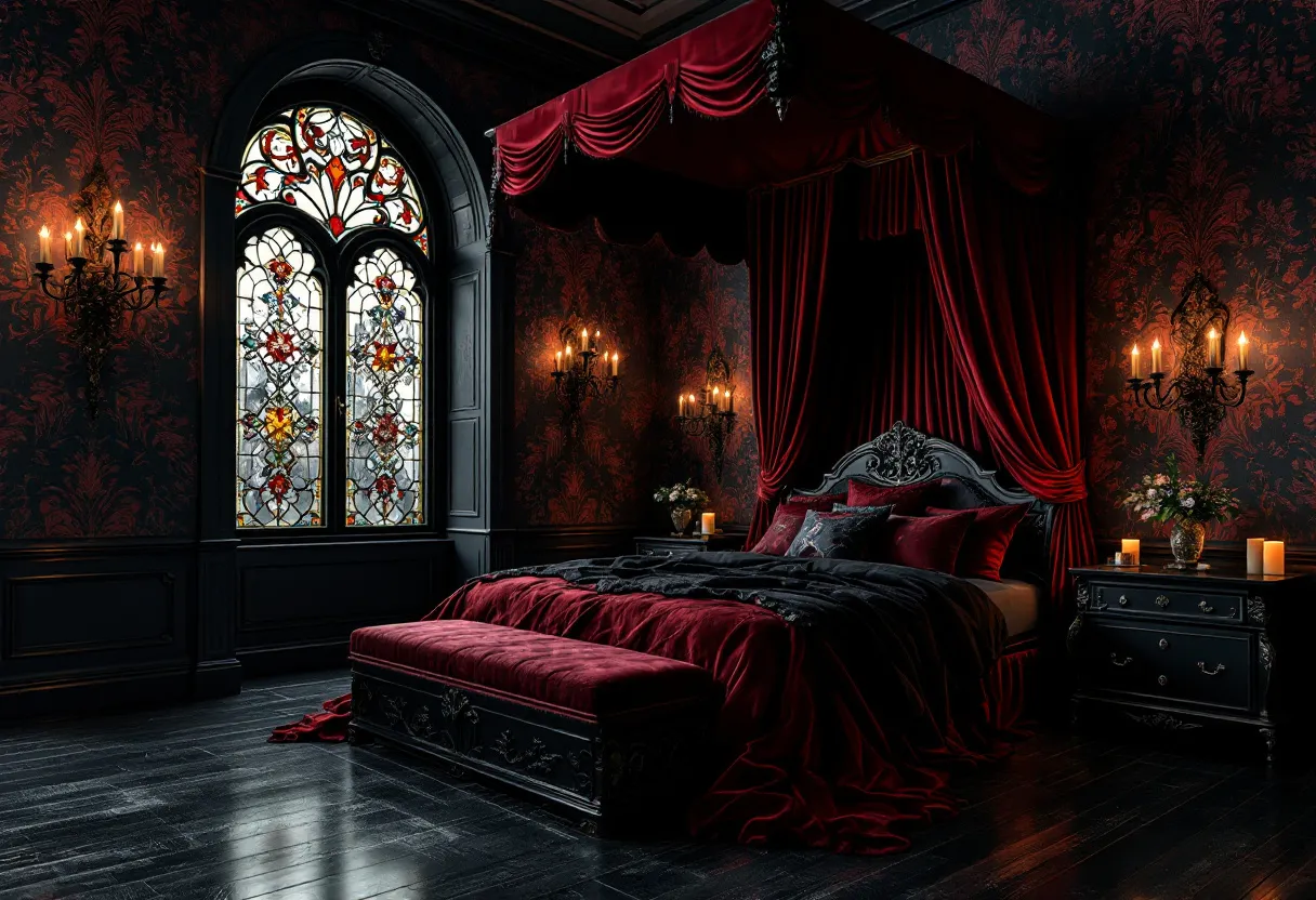 This gothic bedroom exudes a sense of opulence and mystery, primarily through its use of deep, rich colors and intricate detailing. The walls are adorned with dark, ornate wallpaper that complements the luxurious red velvet drapery of the canopy bed. The bed itself is the focal point, with its elaborate headboard and thick, plush bedding that invites both comfort and intrigue. The addition of a matching velvet bench at the foot of the bed enhances the room's elegant and cohesive aesthetic.

Chandeliers and candelabras cast a warm, flickering glow, creating an atmosphere that feels both intimate and dramatic. The stained glass window adds a vibrant splash of color and a touch of historic charm, reflecting light in a way that enhances the room's shadowy allure. Together, these elements create an immersive experience that captures the essence of gothic design, evoking feelings of classic romance and timeless elegance.