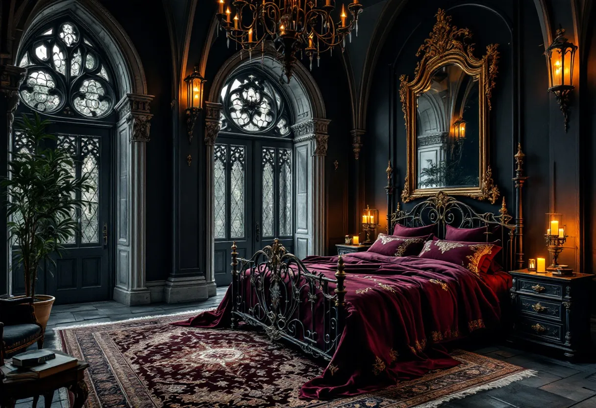 This gothic bedroom exudes an aura of dark elegance and opulence. The richly ornate bed frame, adorned with intricate wrought iron patterns, stands as the focal point, draped in luxurious burgundy bedding embroidered with golden accents, adding a regal touch. The tall, arched windows, framed by elaborate stonework, allow filtered light to cast soft shadows across the room, enhancing its mystical ambiance. Candle-lit wall sconces and a grand chandelier provide warm, flickering illumination, contributing to the room’s atmospheric depth.

The room features a grandiose, gilded mirror above an elegant nightstand, adding to the sense of spaciousness and reflecting the room’s meticulous decorative details. A plush, richly patterned rug adds texture and warmth to the dark, polished wooden floor. The towering plant in the corner introduces an organic contrast to the otherwise muted tones, bringing a touch of nature into the dramatic setting. This gothic bedroom seamlessly blends elements of medieval architecture with luxurious decor, creating a space that is both inviting and mysterious.