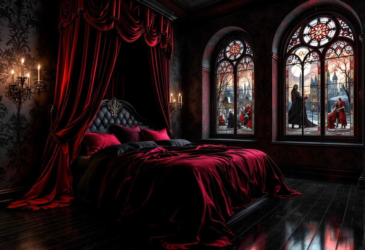 This gothic bedroom exudes an air of mystery and elegance, enveloped in deep, rich colors that define its character. The bed, a central focal point, is adorned with sumptuous red velvet drapes cascading luxuriously from a grand canopy, which frames the intricately tufted headboard. The dark palette of reds and blacks contributes to the room's dramatic ambiance, emphasizing a sense of opulence and sophistication. The sheets and pillows mirror this theme, creating a harmonious and immersive aesthetic that invites one to indulge in its theatrical allure.

The walls are embellished with ornate patterns that enhance the gothic theme, while the presence of stained glass windows adds an enchanting element to the space. These windows depict intricate scenes and allow a diffused light to filter through, casting colorful reflections across the polished wooden floor. The gothic architecture, accentuated by the elaborate sconces mounted on the walls, completes the room’s design. These elements create a captivating atmosphere, transporting anyone who enters into a world reminiscent of historic grandeur and timeless mystique.