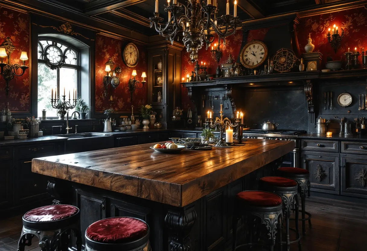 This gothic kitchen exudes a dark, romantic ambiance, highlighted by its deep, rich color palette dominated by black cabinetry and crimson walls. The intricate, ornate details on the cabinets suggest a sense of old-world luxury, creating a luxurious yet cozy atmosphere. A large, rustic wooden island takes center stage, its surface adorned with various culinary and decorative items. The island's robust structure is complemented by wrought iron stools, each topped with plush, crimson velvet cushions, inviting visitors to sit and immerse themselves in the room's elegant yet slightly mysterious aura.

On the walls, vintage-style clocks and sconces add to the gothic charm, casting warm, flickering light that dances across the room, enhanced by the presence of numerous candles. The wrought-iron chandelier hanging from the ceiling further enforces this atmosphere, its elegant curves and delicate craftsmanship echoing the sophistication of the past. The kitchen strikes a perfect balance between functionality and aesthetic beauty, showcasing an intimate space that invites both culinary creativity and quiet reflection.