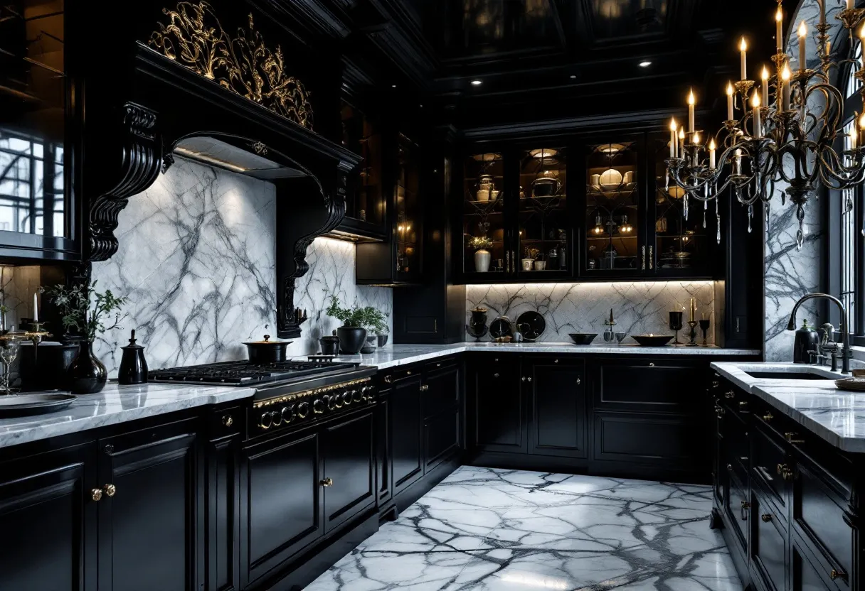 This gothic kitchen exudes an air of dark elegance, characterized by its rich, black cabinetry and intricate detailing. The cabinets feature ornate, gold-accented hardware that contrasts with their deep, glossy finish, adding a touch of opulence. The countertops showcase a striking white marble with bold gray veining, complementing the drama of the space. Tall, glass-front cabinets are illuminated from within, highlighting the carefully curated collection of dishware and adding layers of depth to the room.

A statement chandelier hangs majestically above the kitchen, casting a warm, ambient glow that enhances the space's gothic allure. The backsplash mirrors the countertop with matching marble, seamlessly integrating with the overall design. Decorative moldings and corbels further emphasize the gothic theme, bringing a sense of historical grandeur. The combination of classic materials and luxurious finishes creates an environment that is both inviting and mysterious, embodying the essence of gothic style.