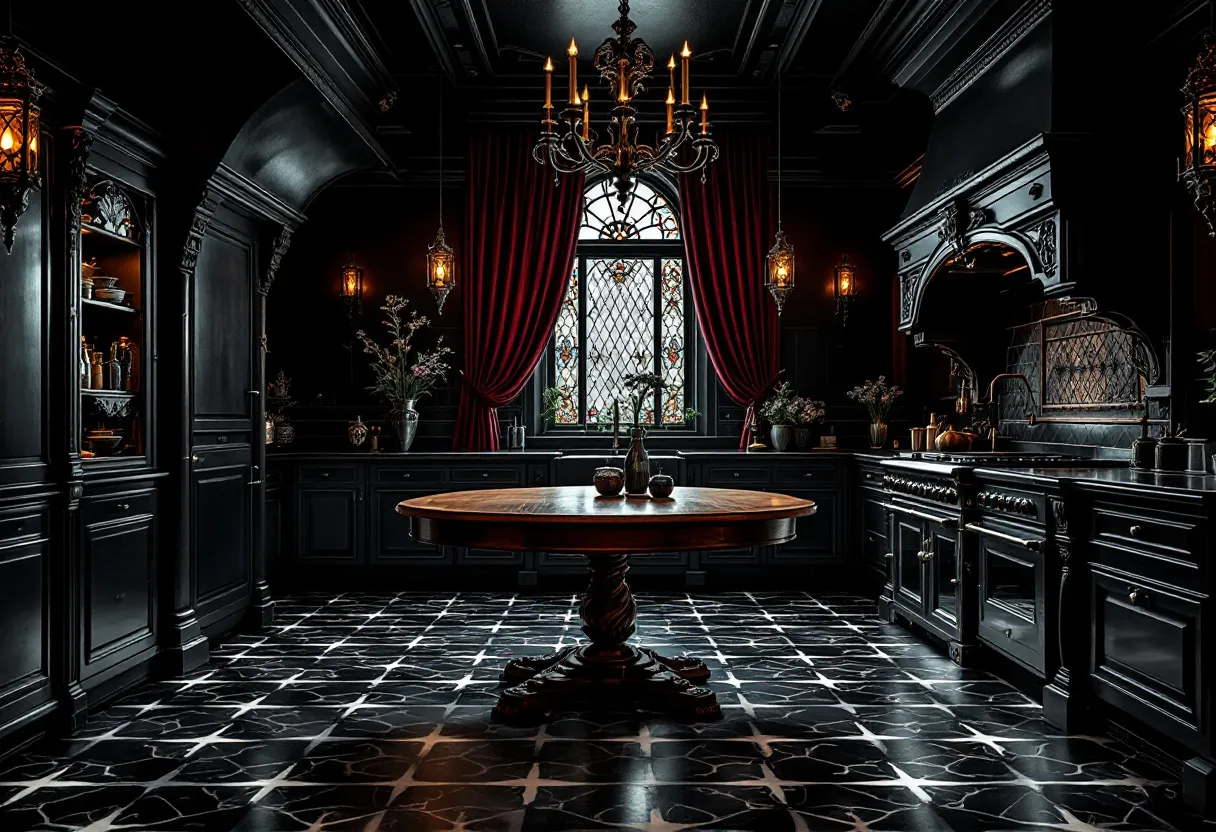 This gothic kitchen exudes an air of opulent mystery, with its rich, dark color palette creating a dramatic ambiance. The cabinetry and walls are painted in deep shades of black and charcoal, providing a striking contrast to the ornate, red velvet drapes that frame the elegant, arched window. The window itself is a piece of Gothic artistry, featuring intricate stained glass designs that allow muted, colorful light to filter into the room. A grand chandelier, wrought from iron with a design reminiscent of medieval candelabras, hangs from the ceiling, casting a warm, inviting glow over the space.

The centerpiece of the kitchen is a robust wooden table with an intricately carved pedestal base, which adds a touch of traditional craftsmanship to the otherwise somber setting. Complementing the luxurious aesthetic are details such as the polished marble floor, laid out in a pattern that resembles the clawed branches of an ancient tree. The room is adorned with classic gothic elements, including ornate sconces and dark counter surfaces, while brass accents add a hint of sophistication and warmth to the overall design. Florals in muted tones are strategically placed to infuse a subtle hint of nature, softening the otherwise bold and moody environment.