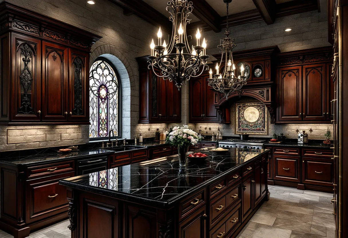 This gothic kitchen embodies a dramatic, opulent aesthetic through its rich, dark wood cabinetry and intricate detailing. The cabinets are crafted with a deep finish and adorned with ornate carvings, evoking a sense of medieval grandeur. Above, two grand chandeliers hang prominently, their wrought iron curls and candle-like lights enhancing the room's gothic allure. The arched window, filled with colorful stained glass, casts a mosaic of light across the space, adding a touch of artistry and history.

The countertops are a sleek black, with subtle white veining that adds an element of elegance and continuity to the dark theme. The hardware, in a polished brass or gold finish, provides a striking contrast to the deep tones of the wood, offering both function and decorative appeal. The overall atmosphere of the kitchen is one of refined sophistication, creating a space that feels both timeless and luxurious.