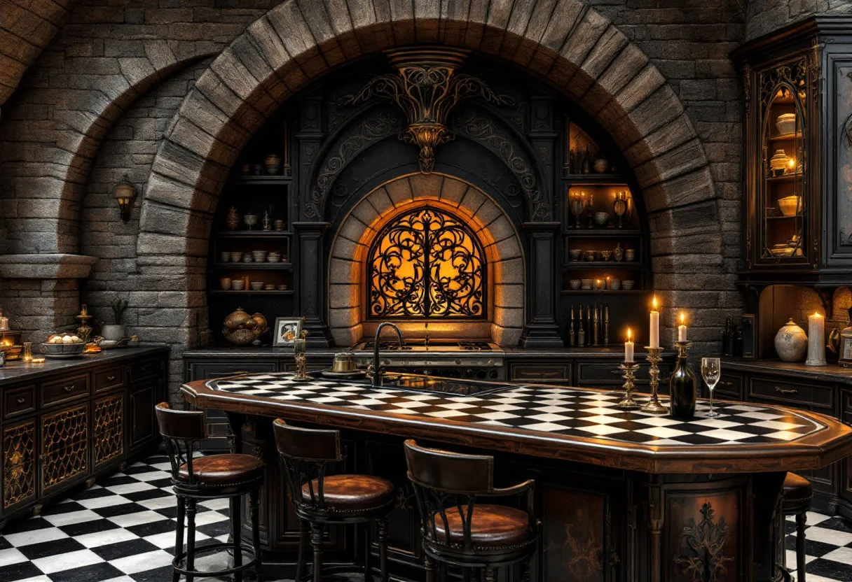 This gothic kitchen exudes an enchanting blend of mystery and elegance, with its stone archways and dark, ornate cabinetry. The architecture features bold, arched ceilings constructed from blocks of grey stone, imparting a robust medieval ambiance. Intricate wrought iron detailing on a central window casts a warm, golden glow into the space, contrasting strikingly with the deep, shadowy tones of the room. This interplay of light and dark creates an atmosphere that is both inviting and dramatic, drawing the eye to every corner of the room.

The central island is a masterpiece of design, topped with a bold black and white checkerboard pattern that commands attention. It is flanked by high-backed, wooden bar chairs that invite guests to linger and enjoy the ambiance. Flickering candlelight from ornate, gilded candlesticks adds a touch of warm illumination, enhancing the kitchen's gothic theme. Richly decorated storage cabinets, with glass fronts revealing carefully arranged pottery and glassware, complete the overall look, making this kitchen a captivating blend of Gothic artistry and functional elegance.