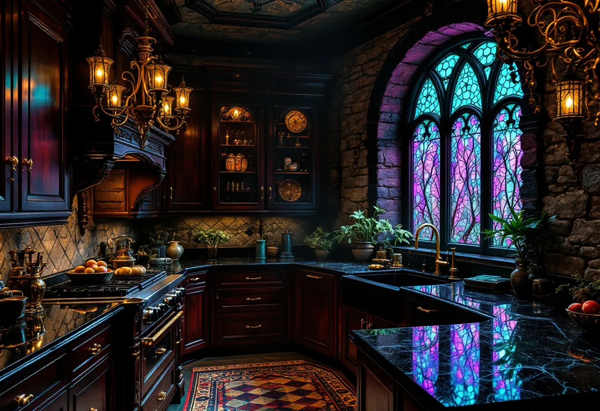 This gothic kitchen exudes an aura of dark elegance and mystery, characterized by its rich, dark wood cabinetry and ornate architectural features. The cabinets boast intricate detailing, with decorative moldings that reflect the gothic aesthetic. A chandelier hangs from the ceiling, its warm glow casting a dramatic ambiance across the room. The dark, polished countertops contribute to the overall opulence, providing a perfect contrast to the woodwork and further enhancing the classic gothic feel.

Enhancing the mystique of the space is a stunning stained glass window, through which colored light filters, casting vibrant hues of blue and purple around the kitchen. The stone walls add a rustic yet sophisticated touch, complementing the gothic motif. Potted plants along the windowsill introduce a touch of nature, adding subtle liveliness to the dark tones of the room. Overall, this kitchen is a captivating blend of elegance and gothic charm, evoking a sense of historical grandeur.